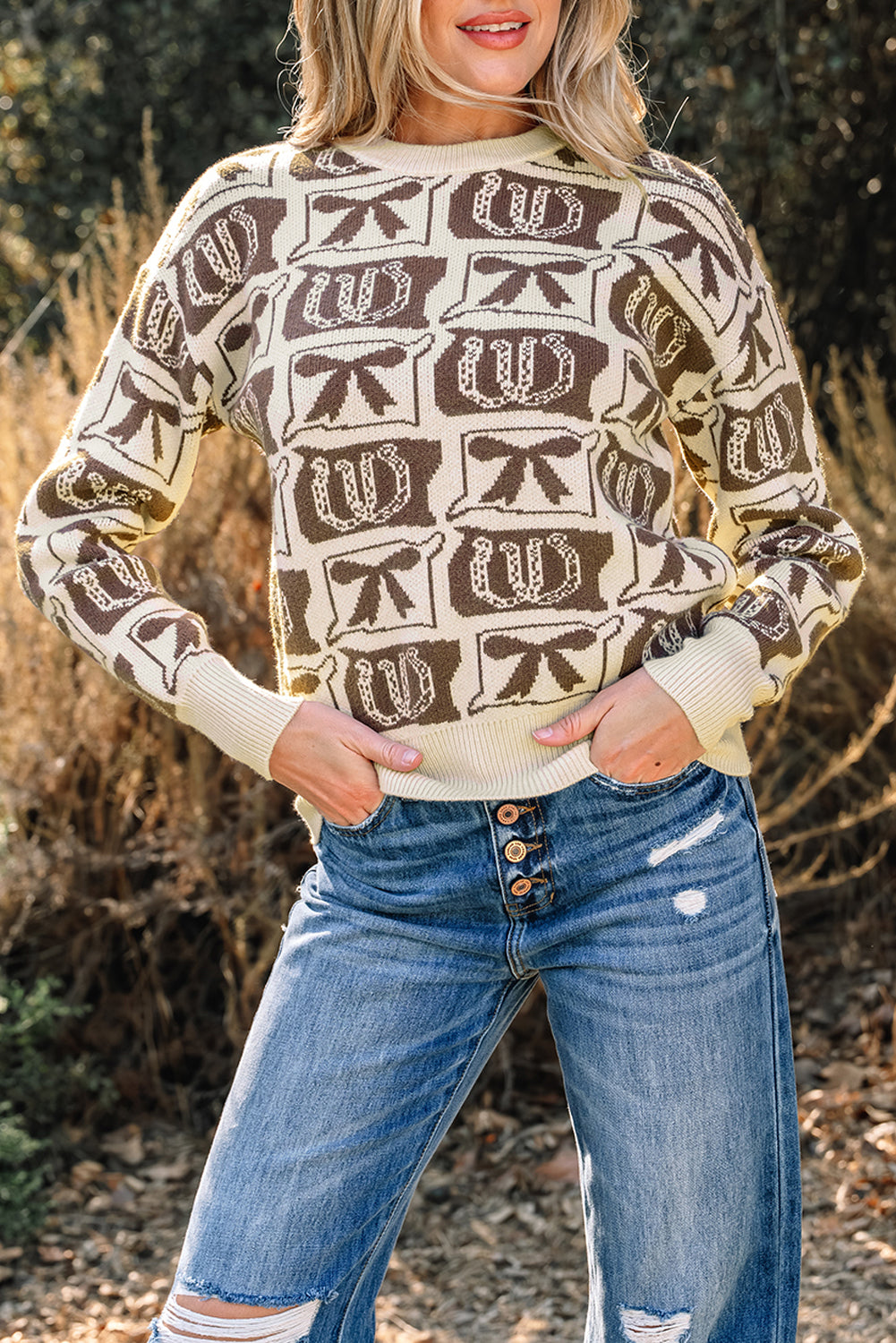 Horseshoes Bows & Pattern Western Fashion Print Knit Top