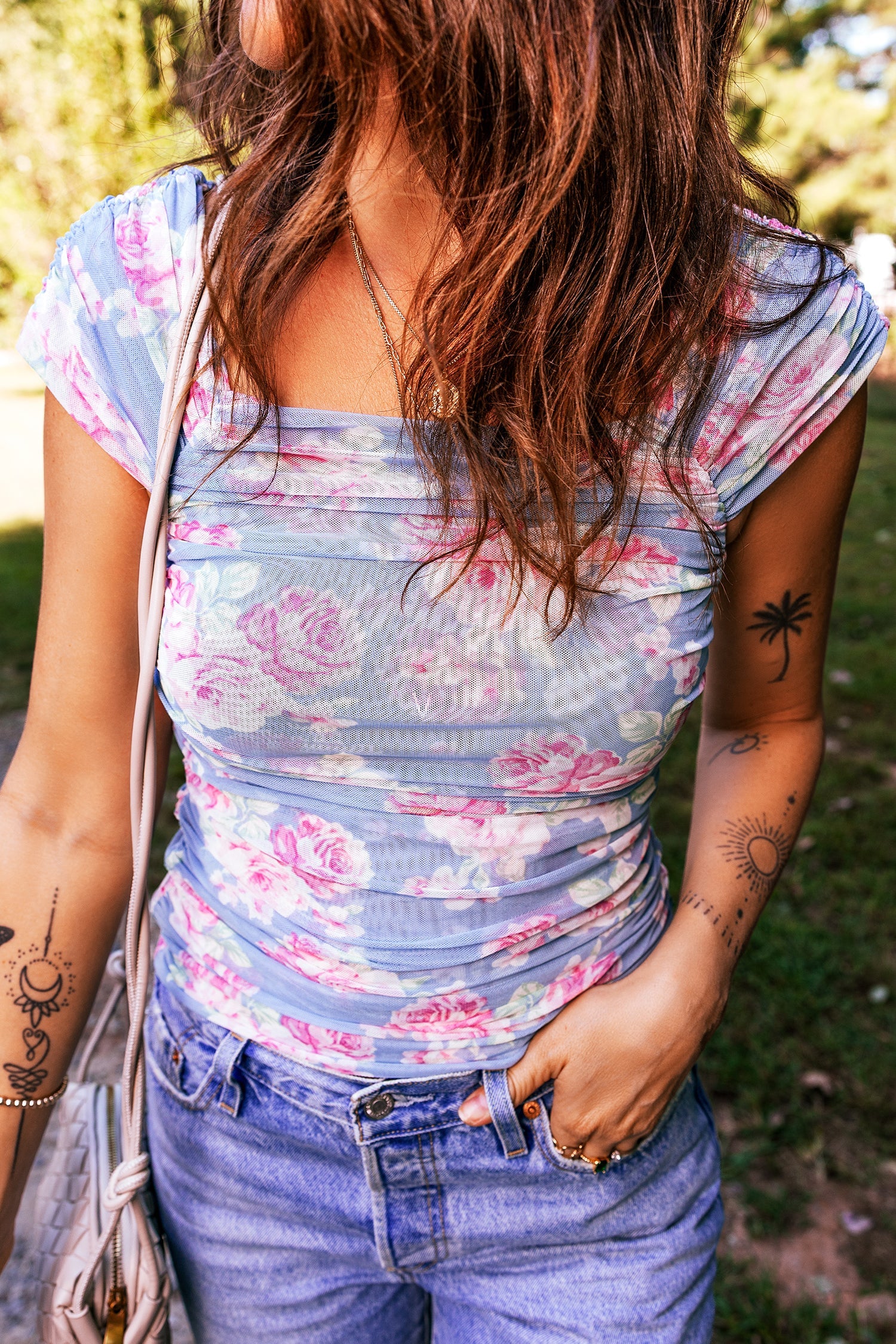 Neck Cap Square Cap Sleeve Ruched Floral Mesh Top