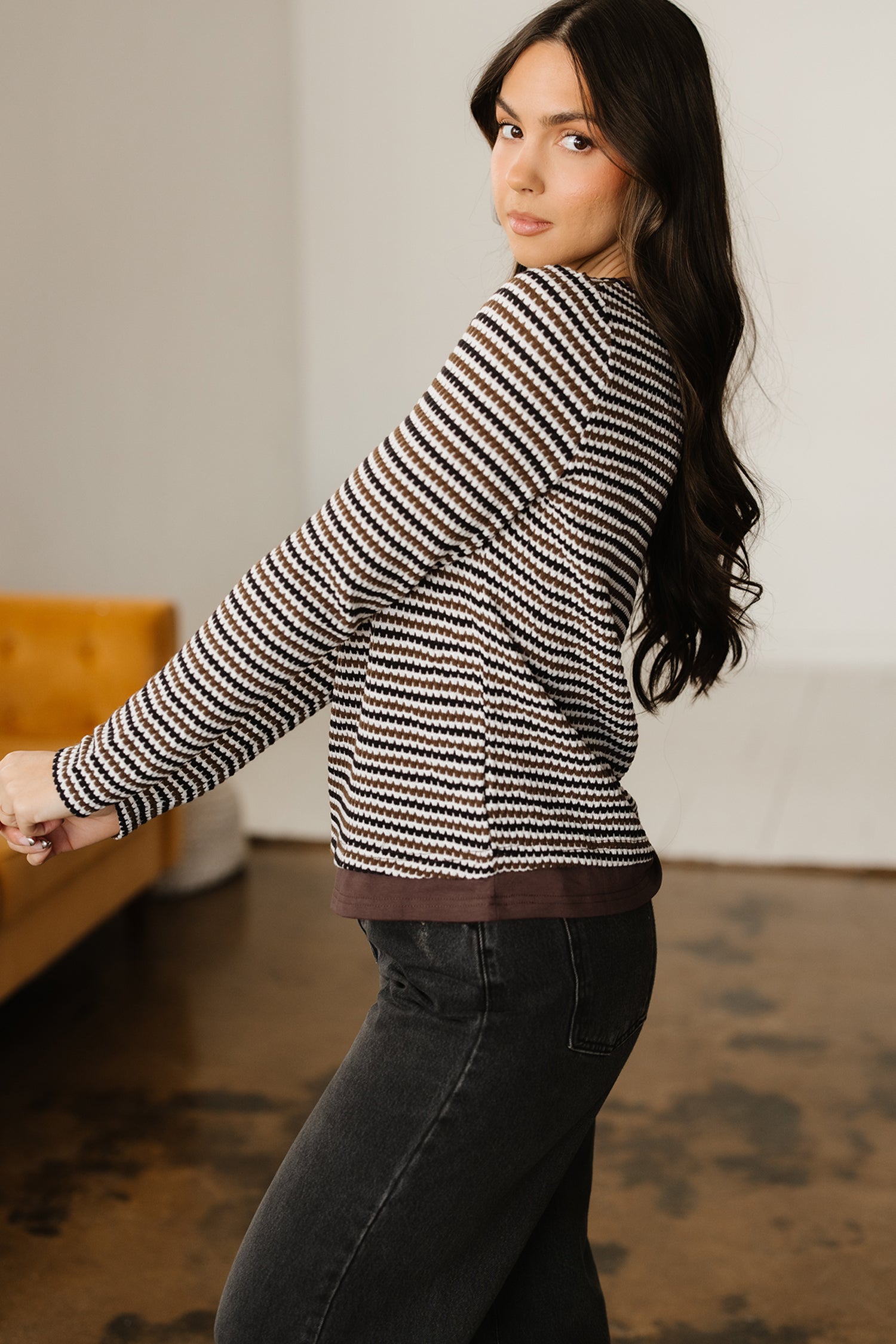 Textured Faux 2-Piece Striped Round-Neck Long-Sleeved T Shirt