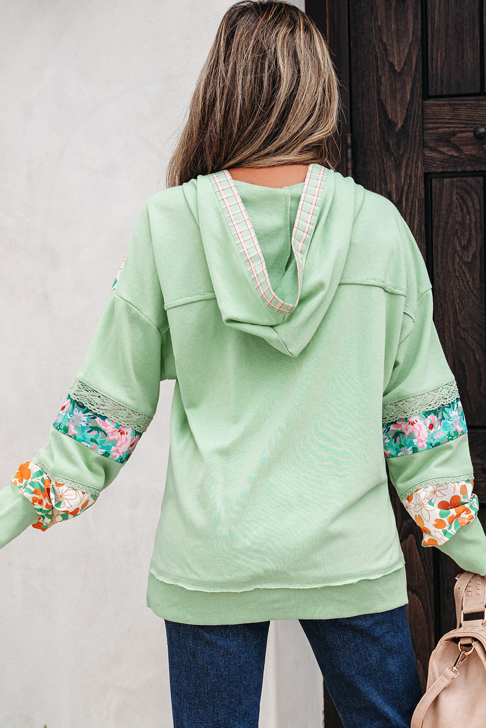 Clearly Aqua Lace Floral Patchwork Hooded Pullover