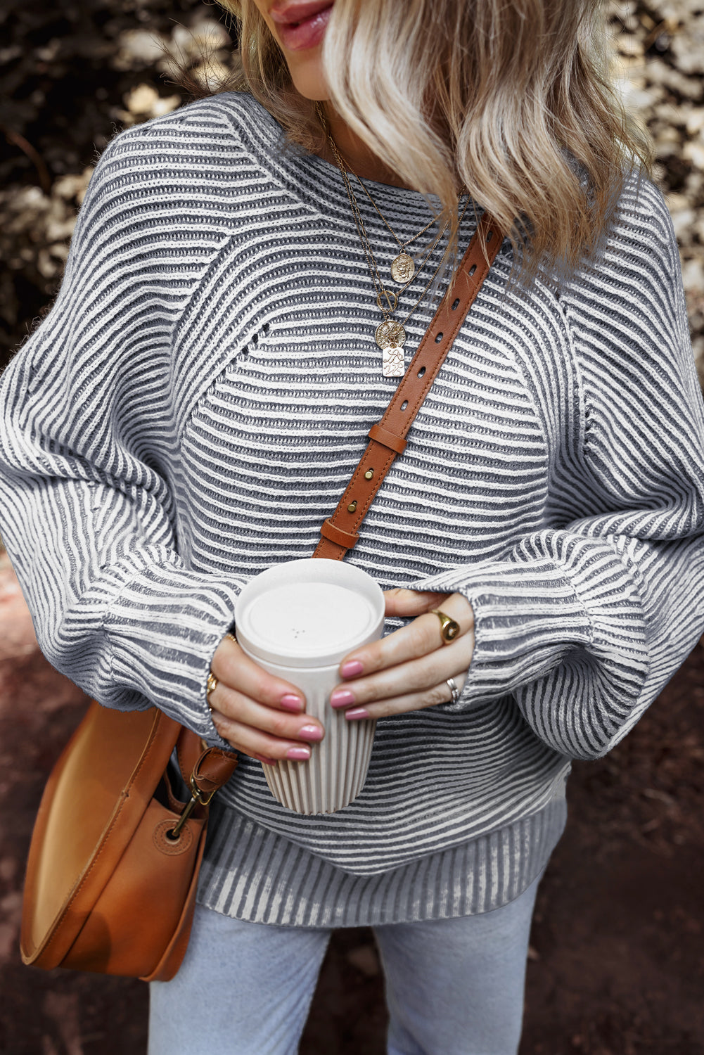 Print Rib-Knit Striped Rib-Knit Knit Boat Neck Baggy Knit Top
