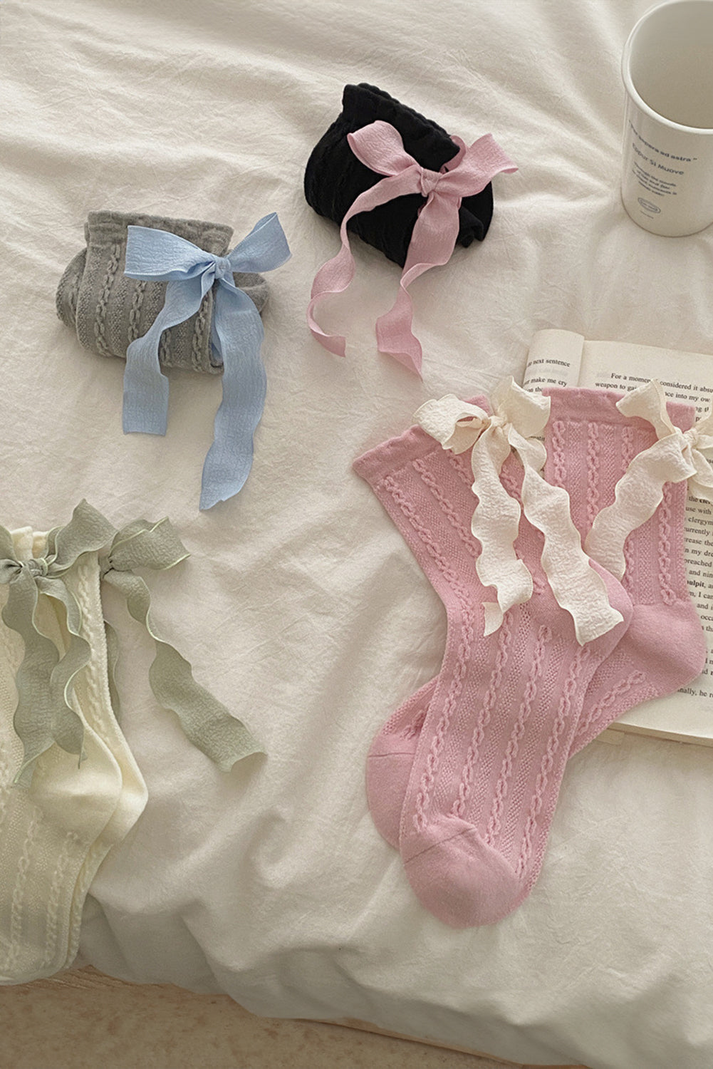 5 Pairs Contrast Ribbon Bow Decor Textured Knit Socks