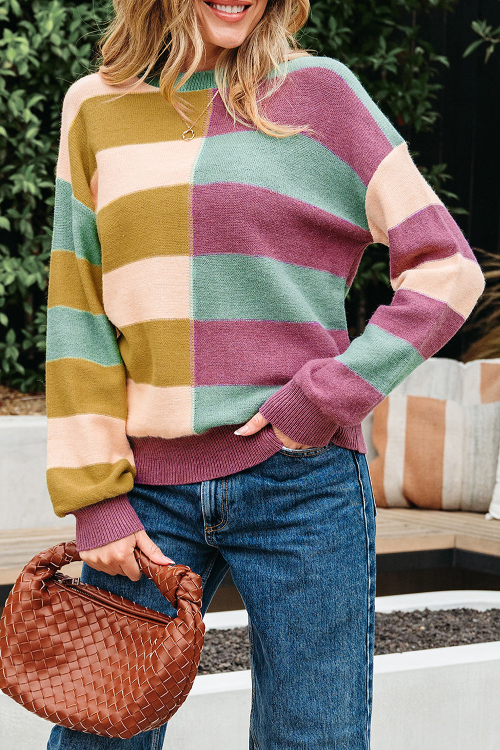 Drop-Shoulder Rib-Knit Stripe Rib-Knit Edge Everyday Knit Top in Green