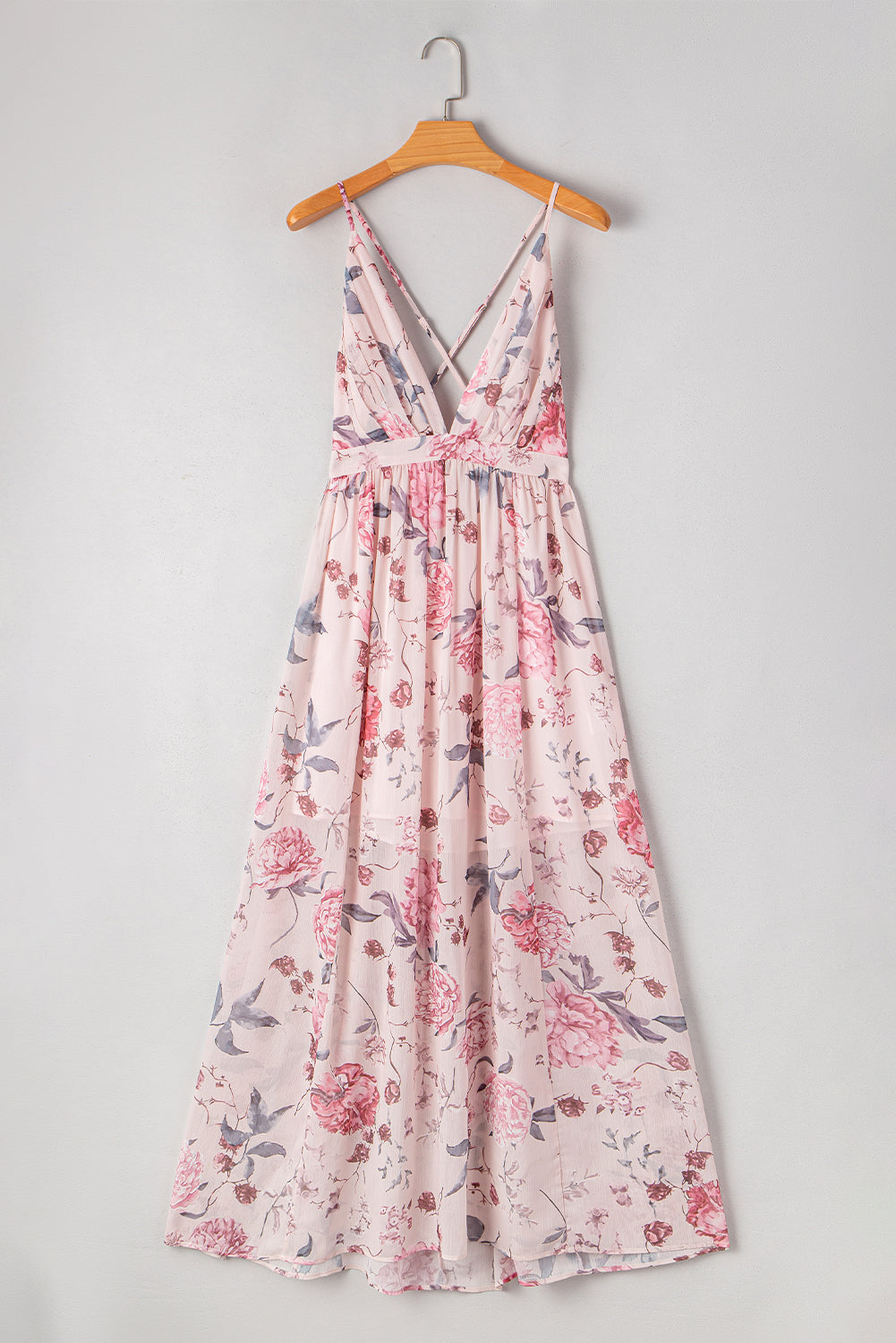 Pleated Bust Floral Bust Deep V Empire Waist Backless Maxi Dress