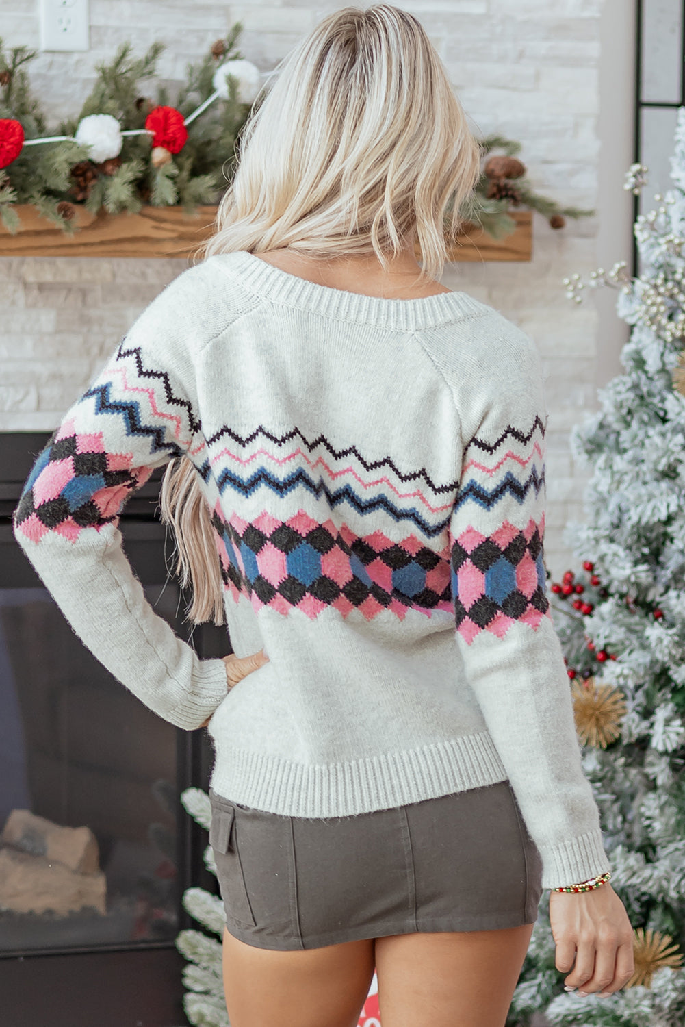 Stripe Geometric Button-Front Cardigan Knit Top in Pink