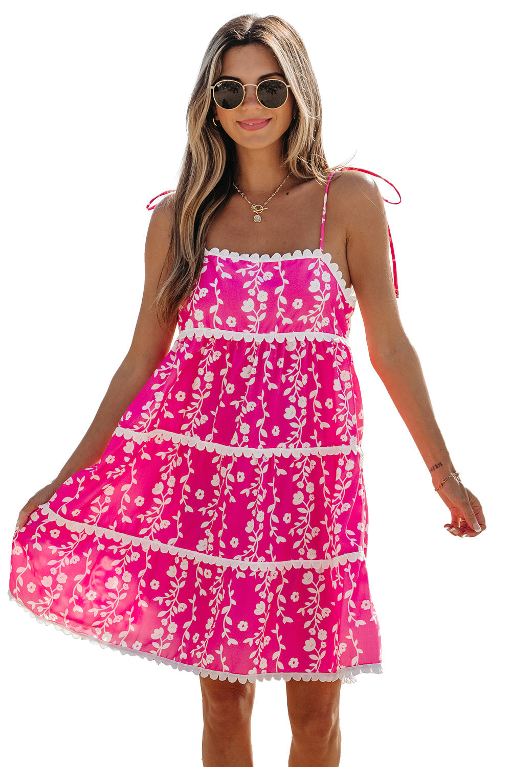 Floral Print Ric Rac Patched Sleeveless Mini Dress