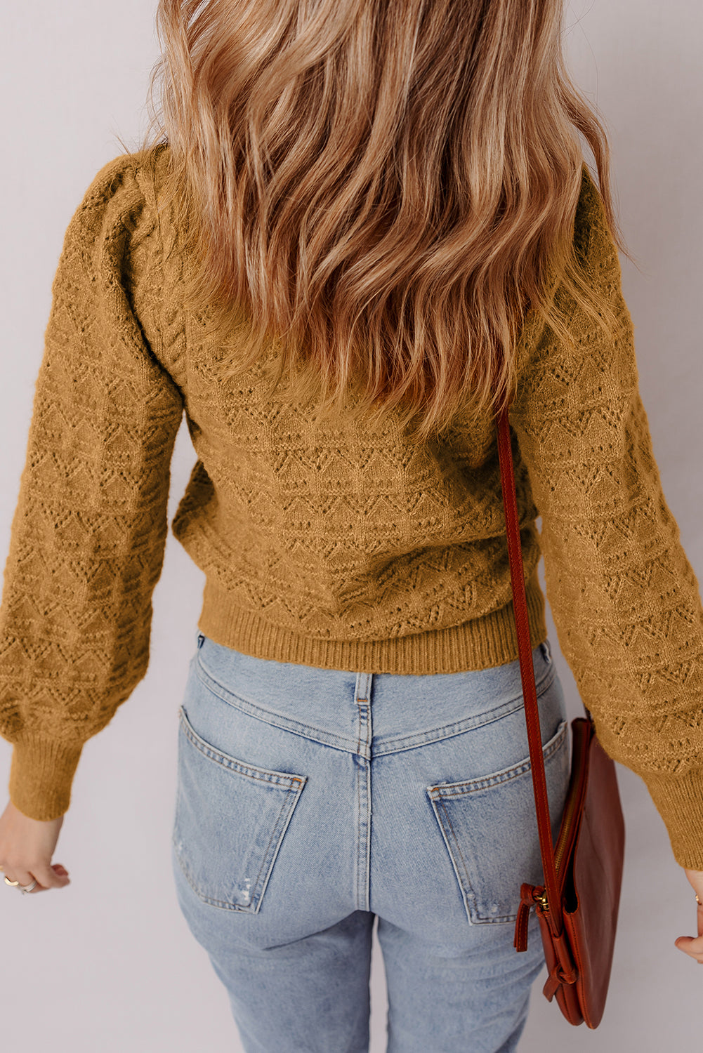 Hollow Out Crochet Rib-Knit Edge Balloon Sleeve Knit Top