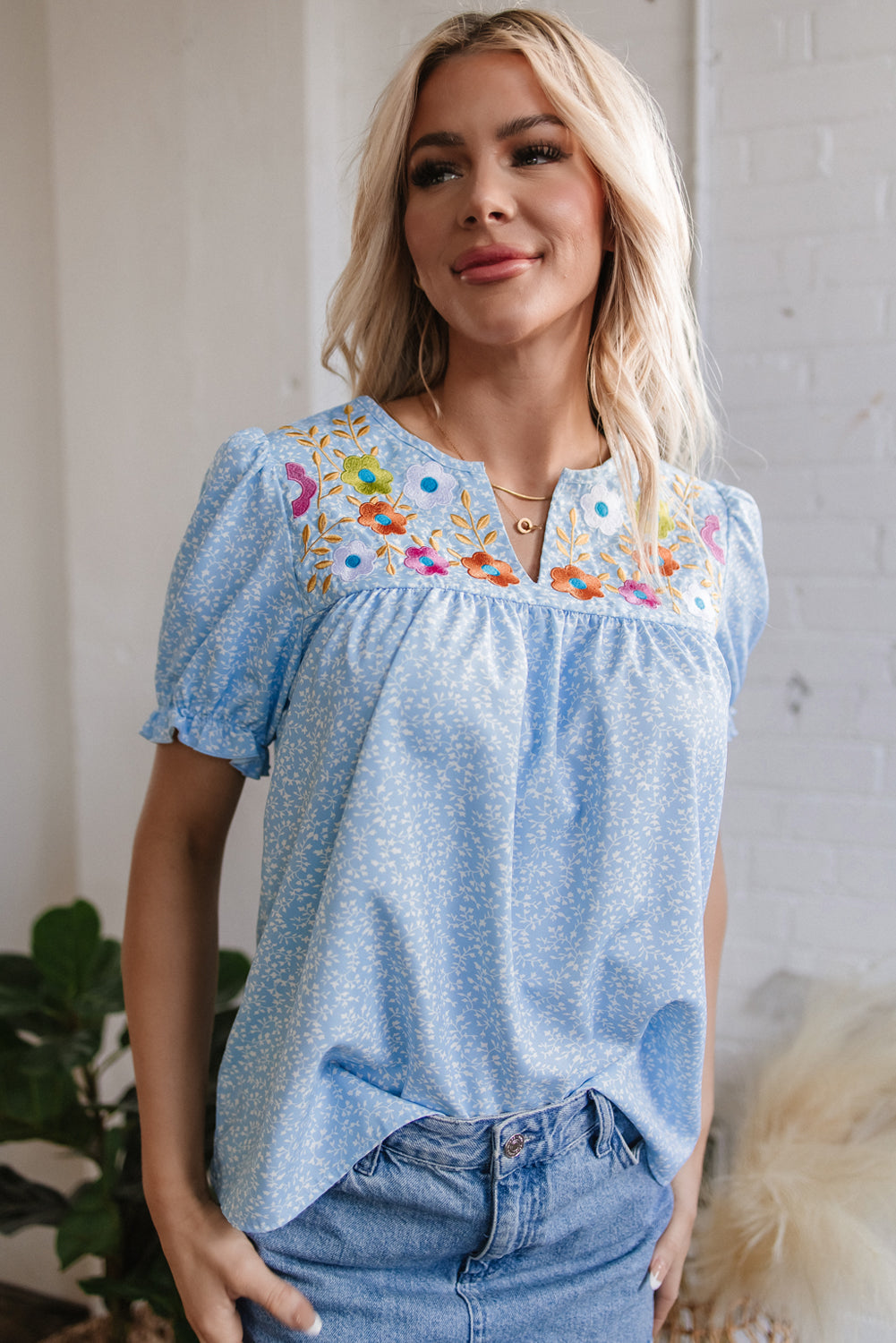 Sky Blue Floral Embroidered Notched V Neck Blouse