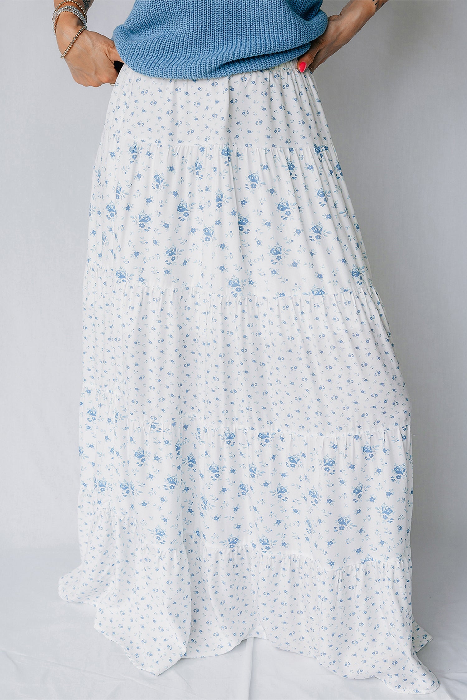 Blue Polished Sky High-Waisted Tiny Floral-Print Boho Maxi Skirt