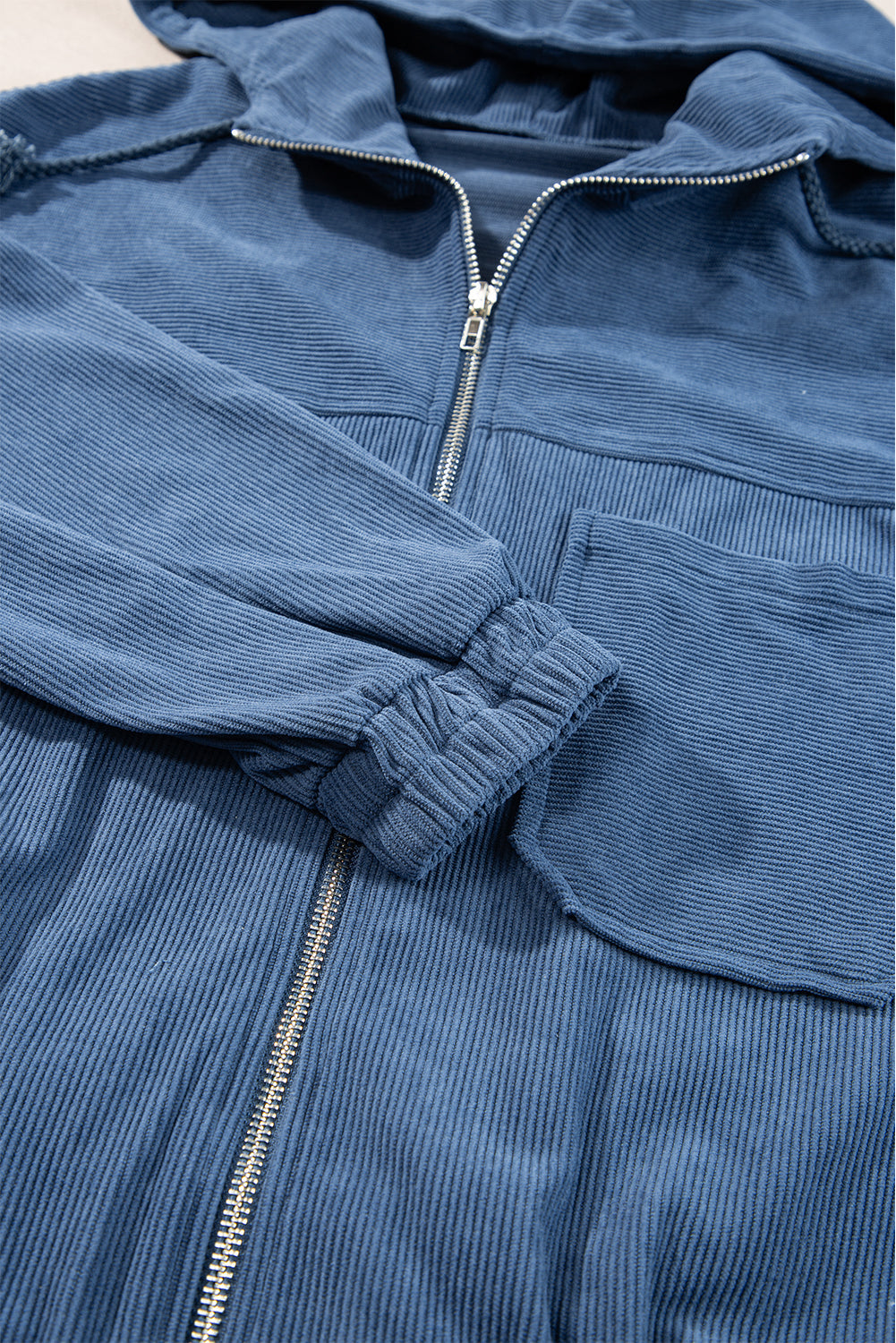 Hooded Corduroy Drawcord Pocket Zip-Front Jacket in Real Teal