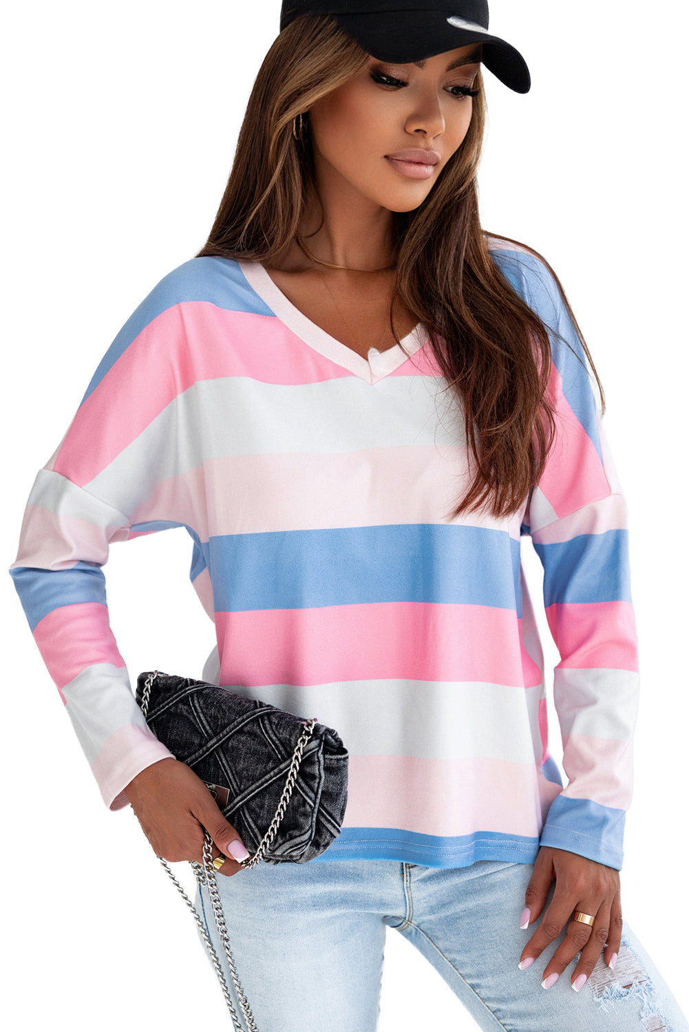 Women's Top with Striped V Neck Long-Sleeve