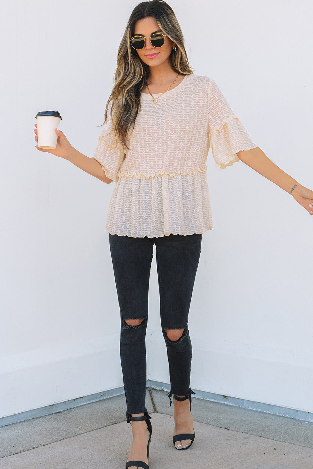 Solid Color Textured Ruffled Short Sleeve Blouse