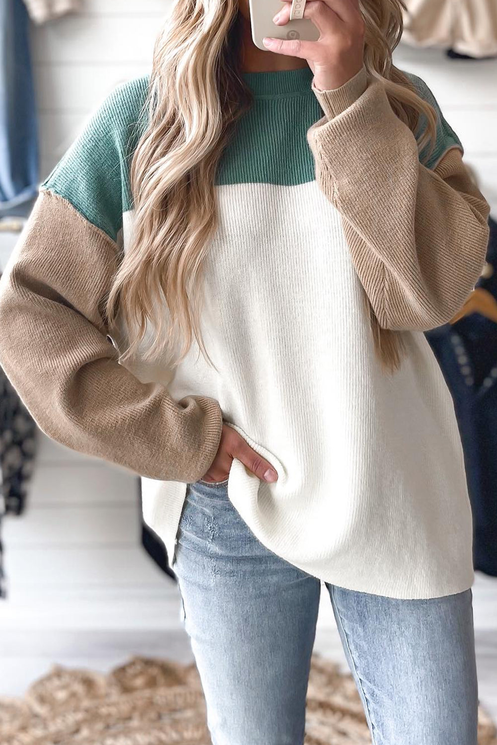 Plain Rib-Knit Colorblock Rib-Knit Knit Baggy Knit Top