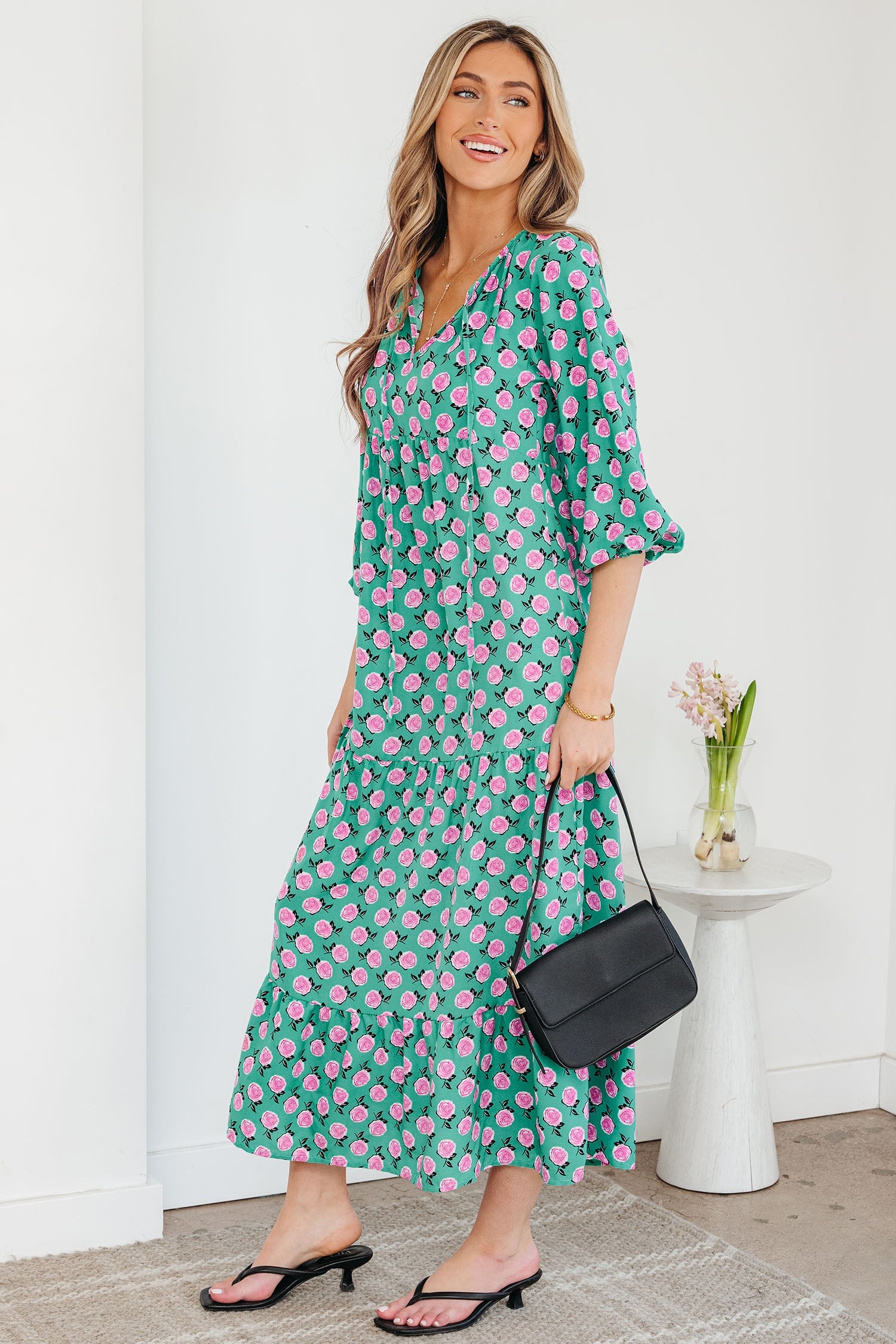 Boho Printed Half Sleeve Maxi Dress in Green