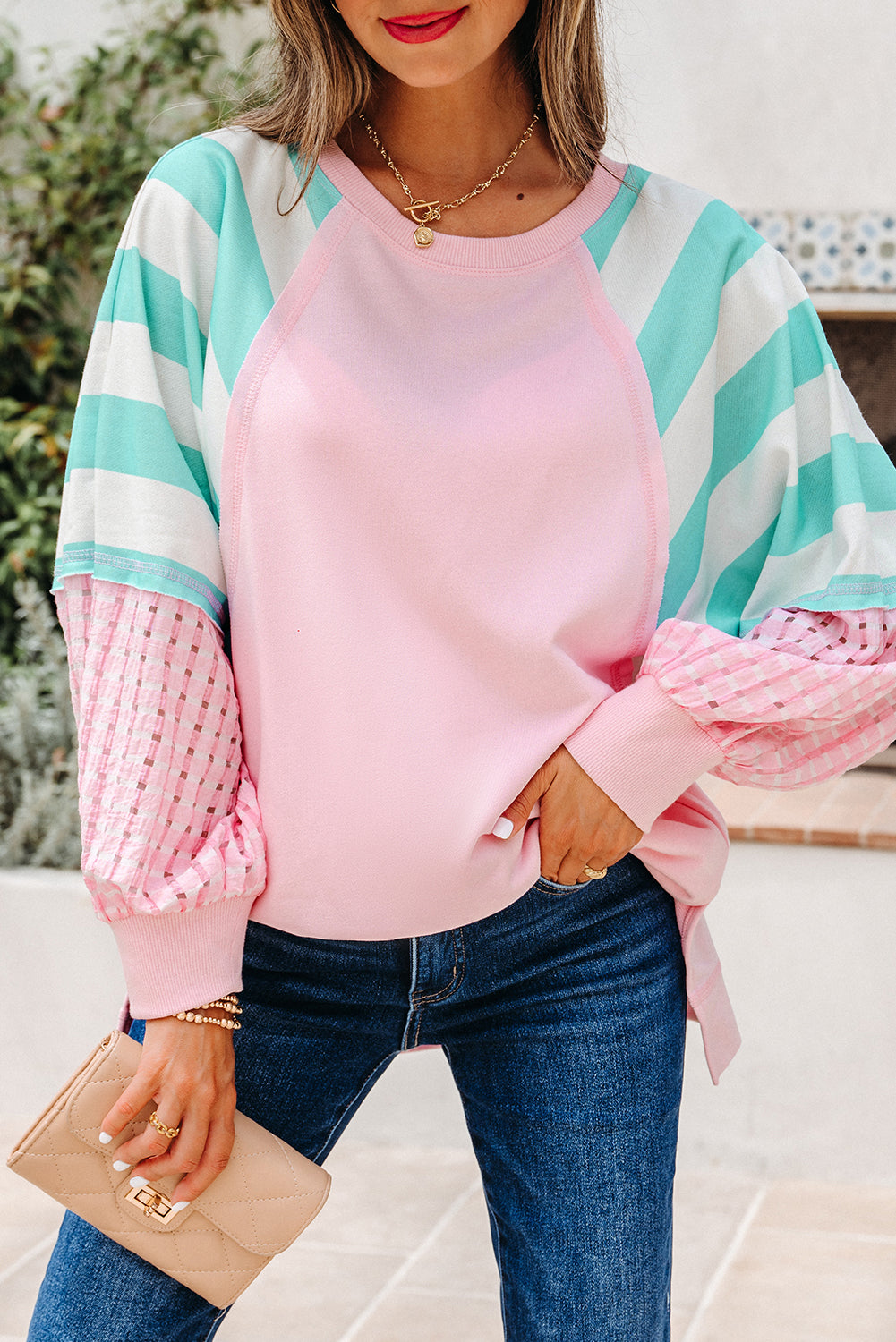Striped Cute Pink Patchwork Raglan Pullover Top with Slits