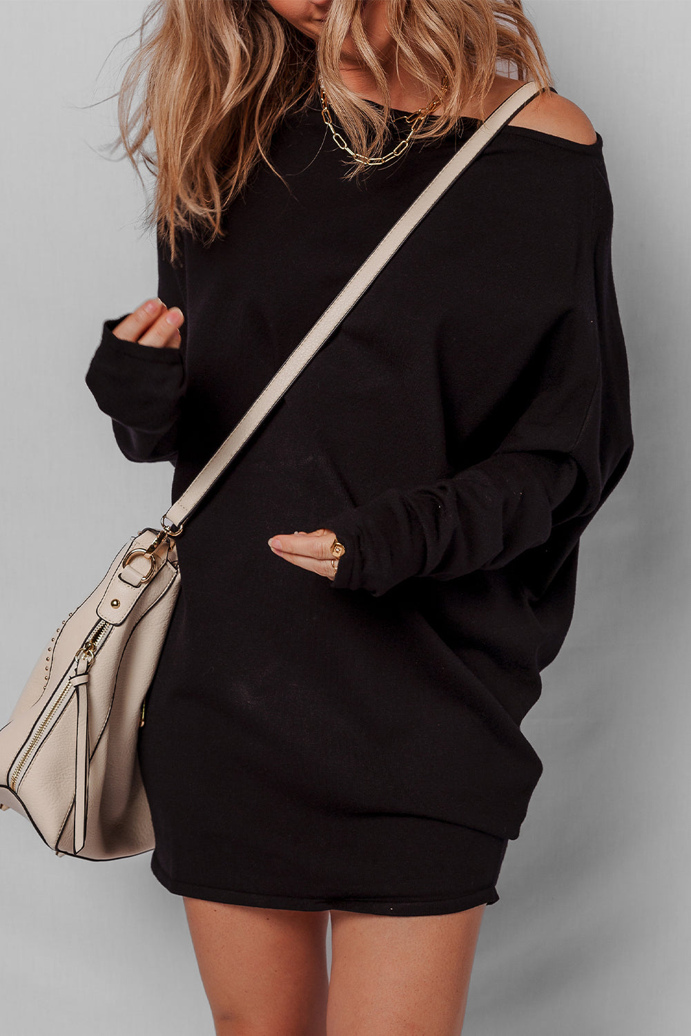 Asymmetric Sleeve Neck Batwing Shift Mini Knit Top Dress
