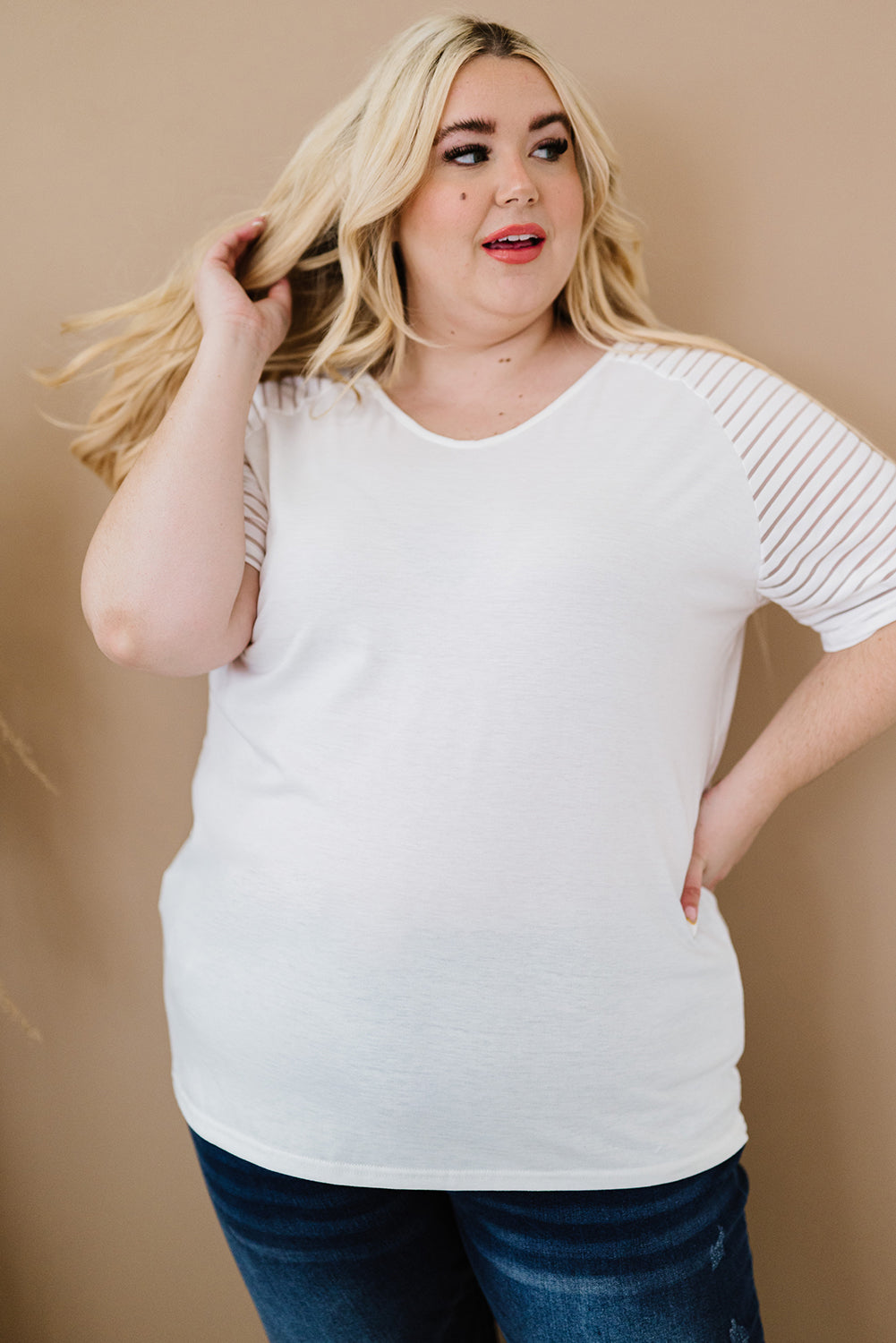 Striped Everyday White Raglan Sleeve Plus Size Tee