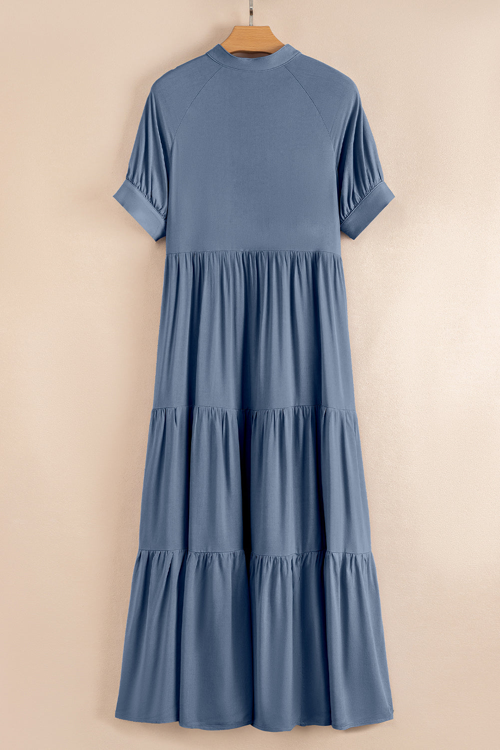 Hidden Ruffle Buttons Short-Sleeved Tiered Long Flared Dress