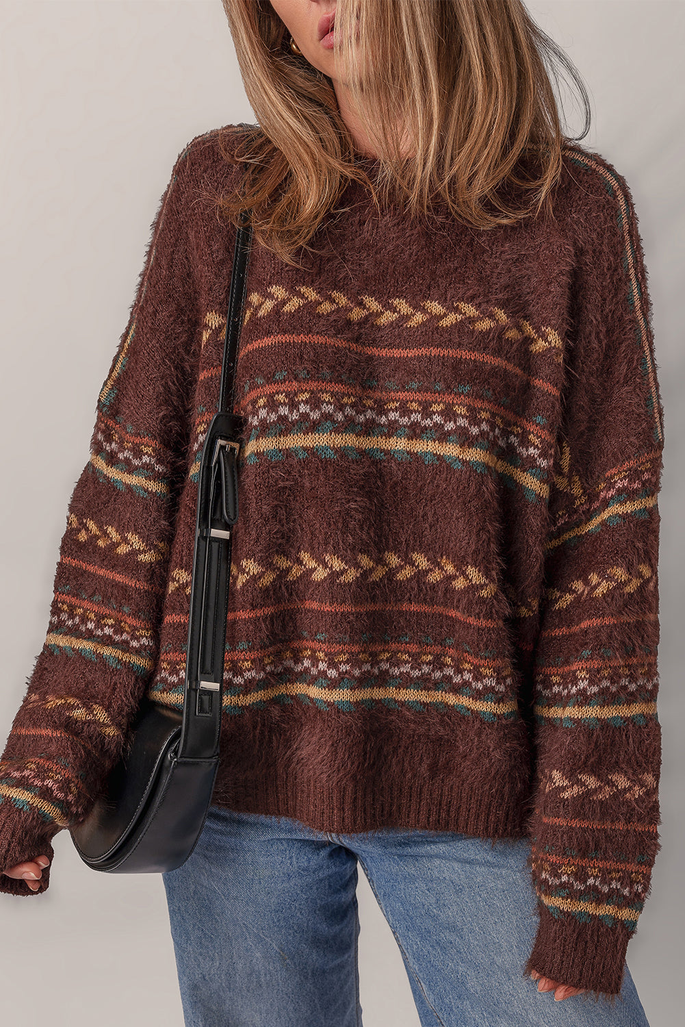 Ethnic Knit Pattern Mohair Drop-Shoulder Knit Top