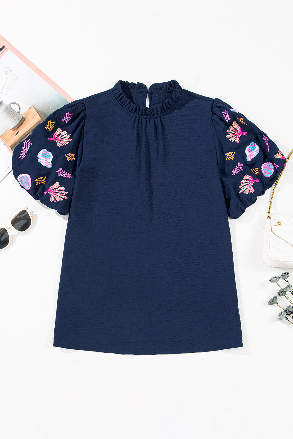 Sail Blue Shellfish Coral Embroidery Frilled Neck Blouse