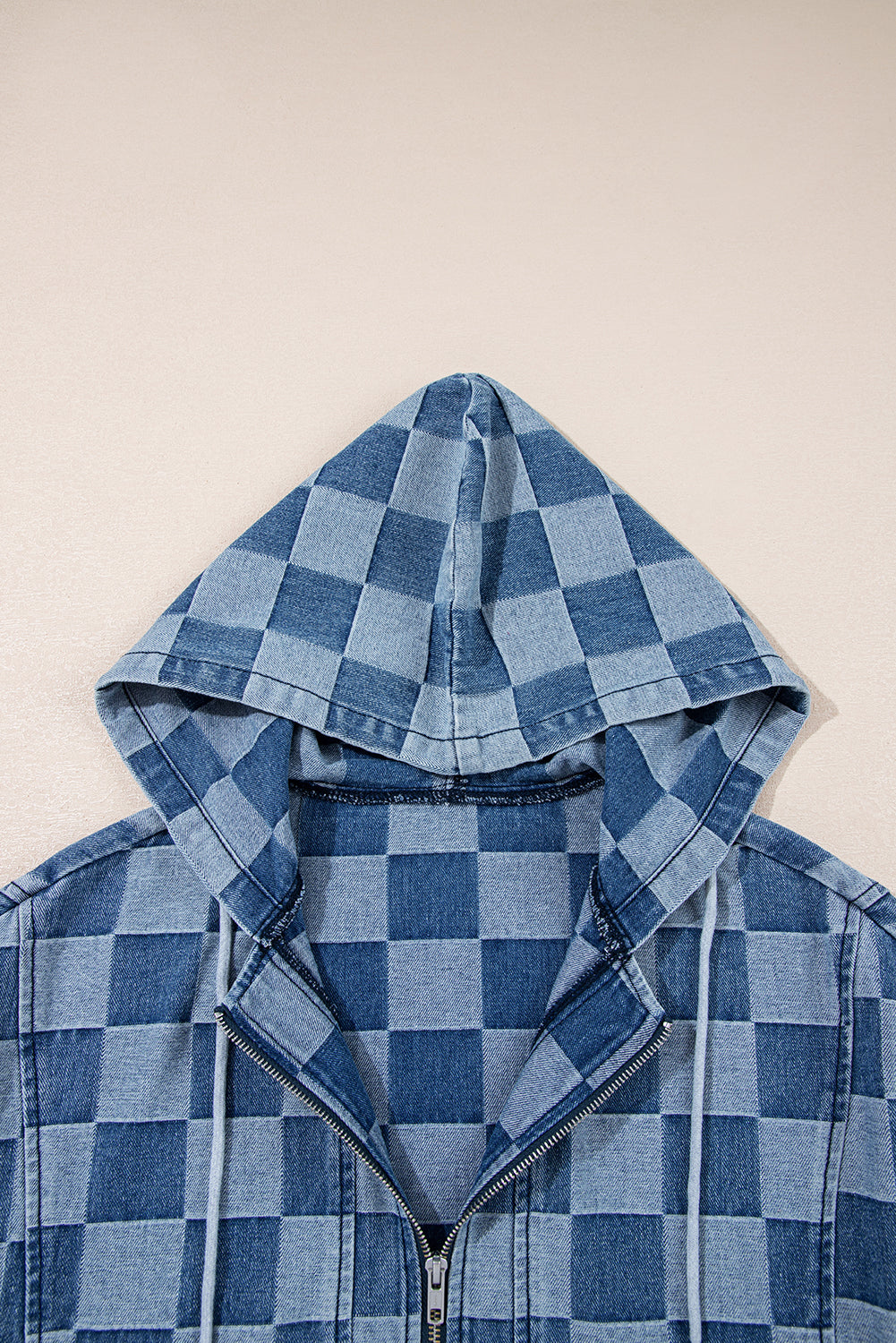 Neck Checkerboard Zip Kangaroo Pocket Denim Hoodie