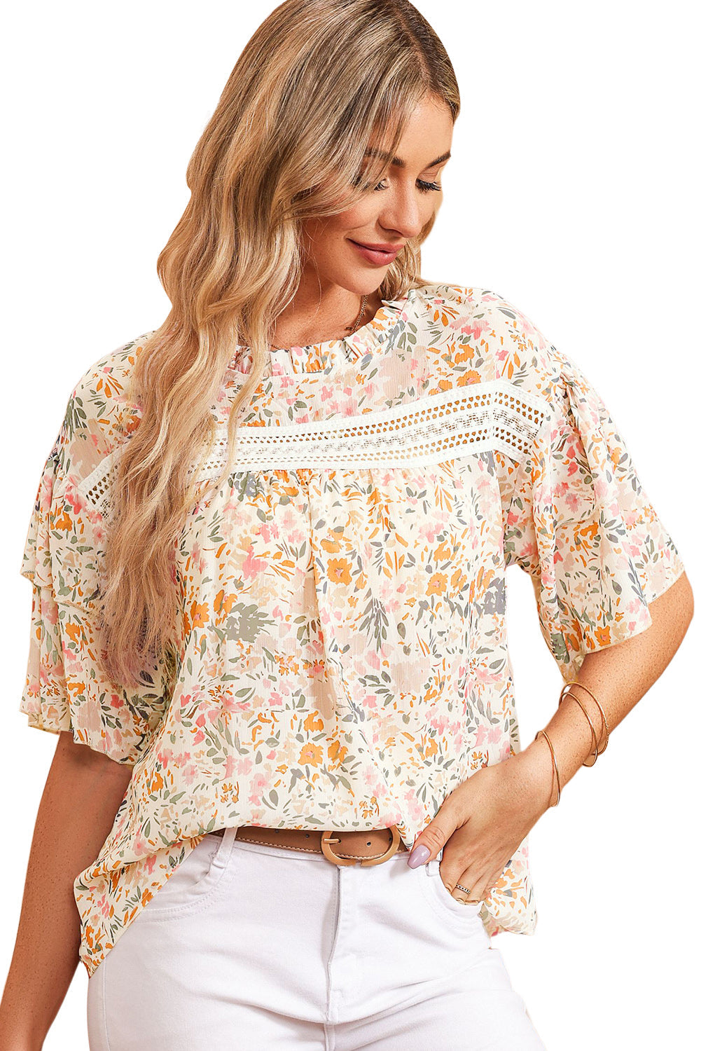 Women's Floral-Print Print Wide Ruffle-Trimmed Blouse