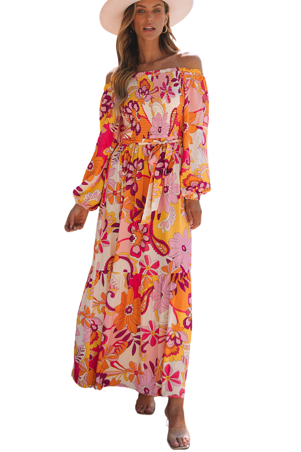 Robe longue bohème florale smockée à épaules dénudées et manches bouffantes multicolore