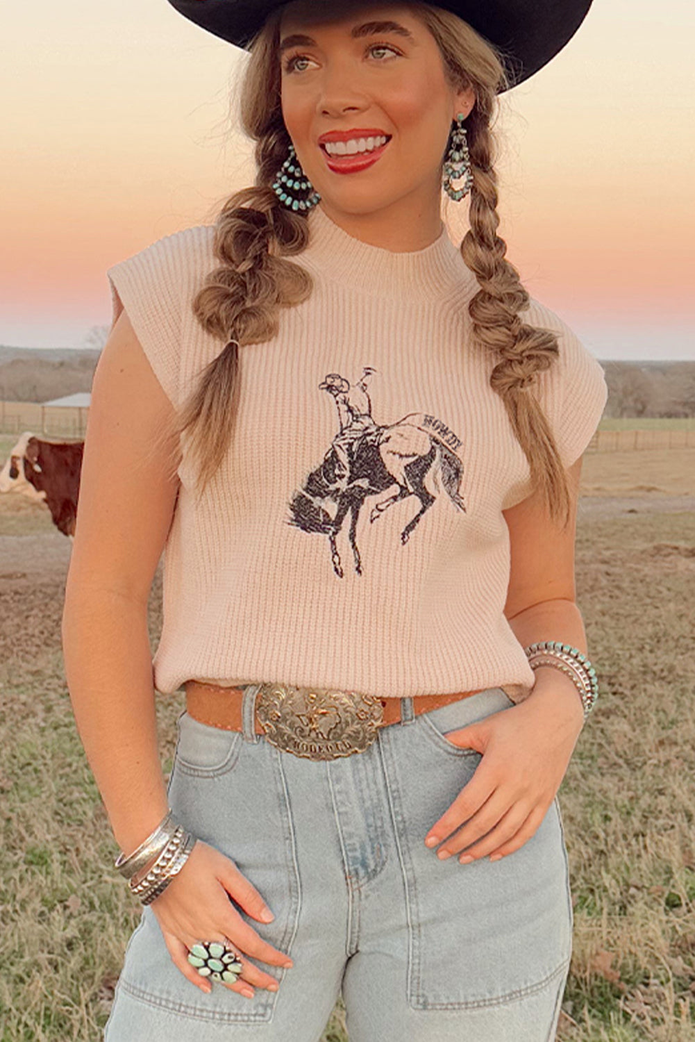 Cowboy HOWDY Rodeo Graphic High Neck Short-Sleeved Knit Top