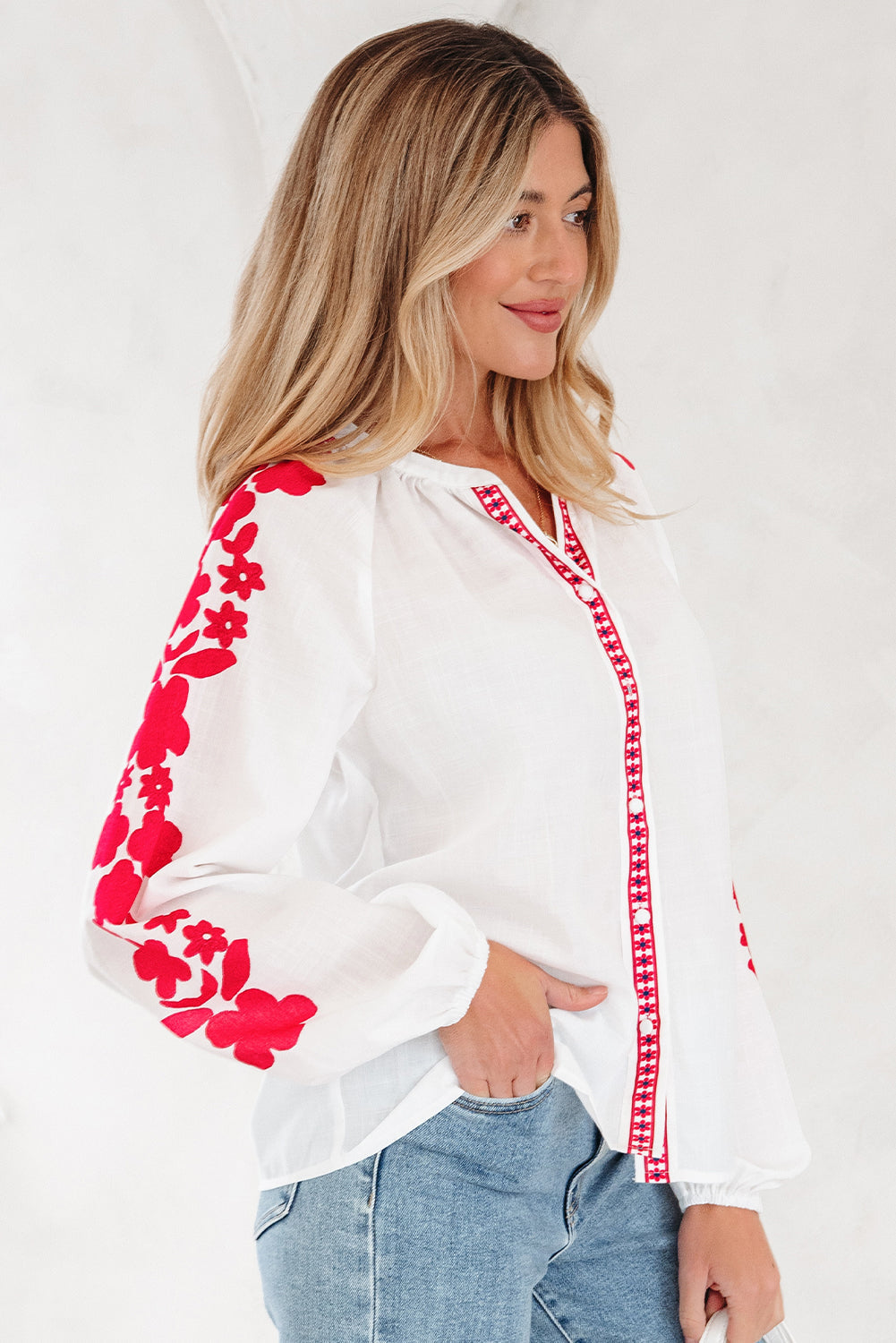 Floral Long-Sleeved Embroidered Puff Everyday Shirt