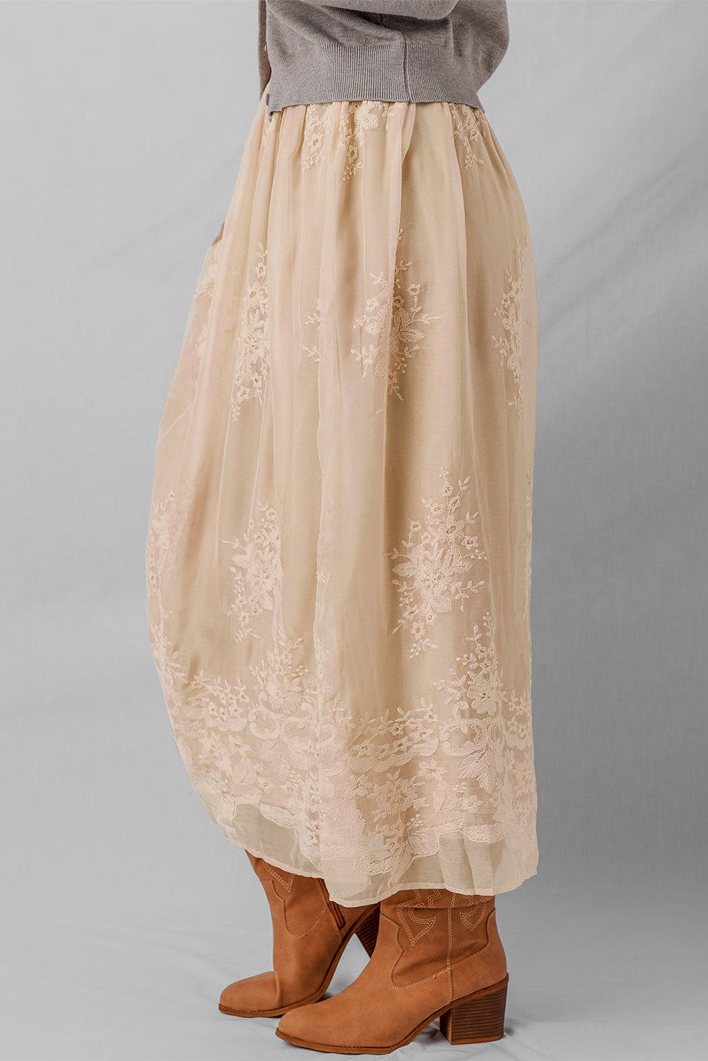 Overlay Embroidered Mesh Flowy Long Skirt in Oatmeal