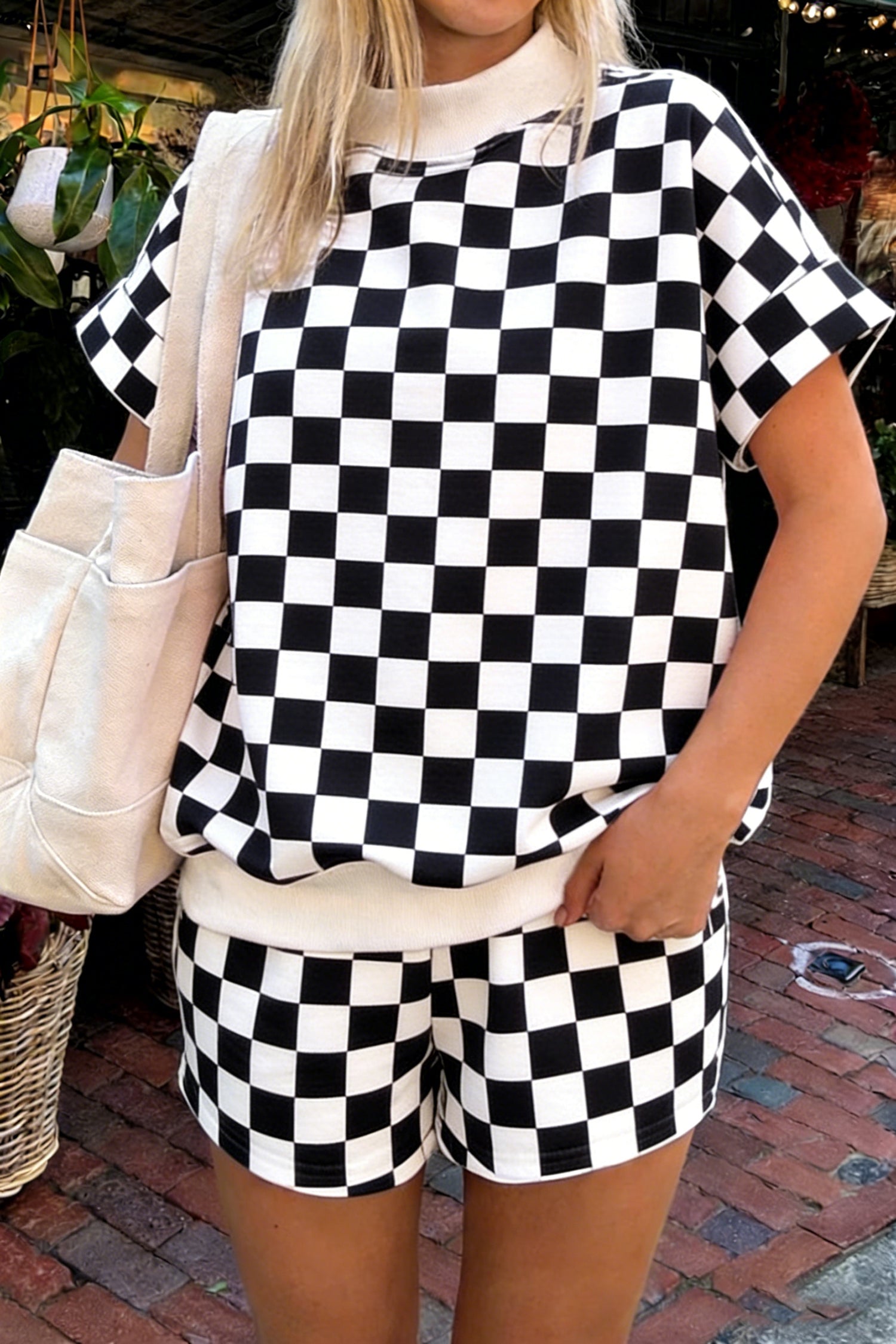 Colorblock Checkered Print Trim Mock-Neck Short Set in Black