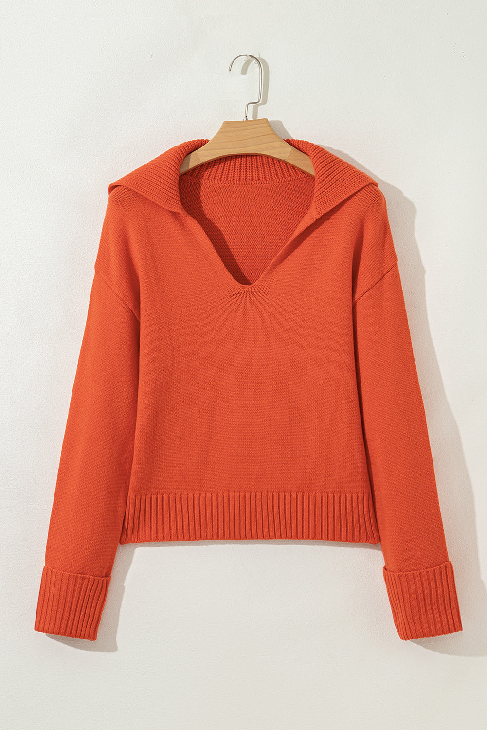 Collared V-Neck Rib-Knit Edge Sexy Refined Knit Top