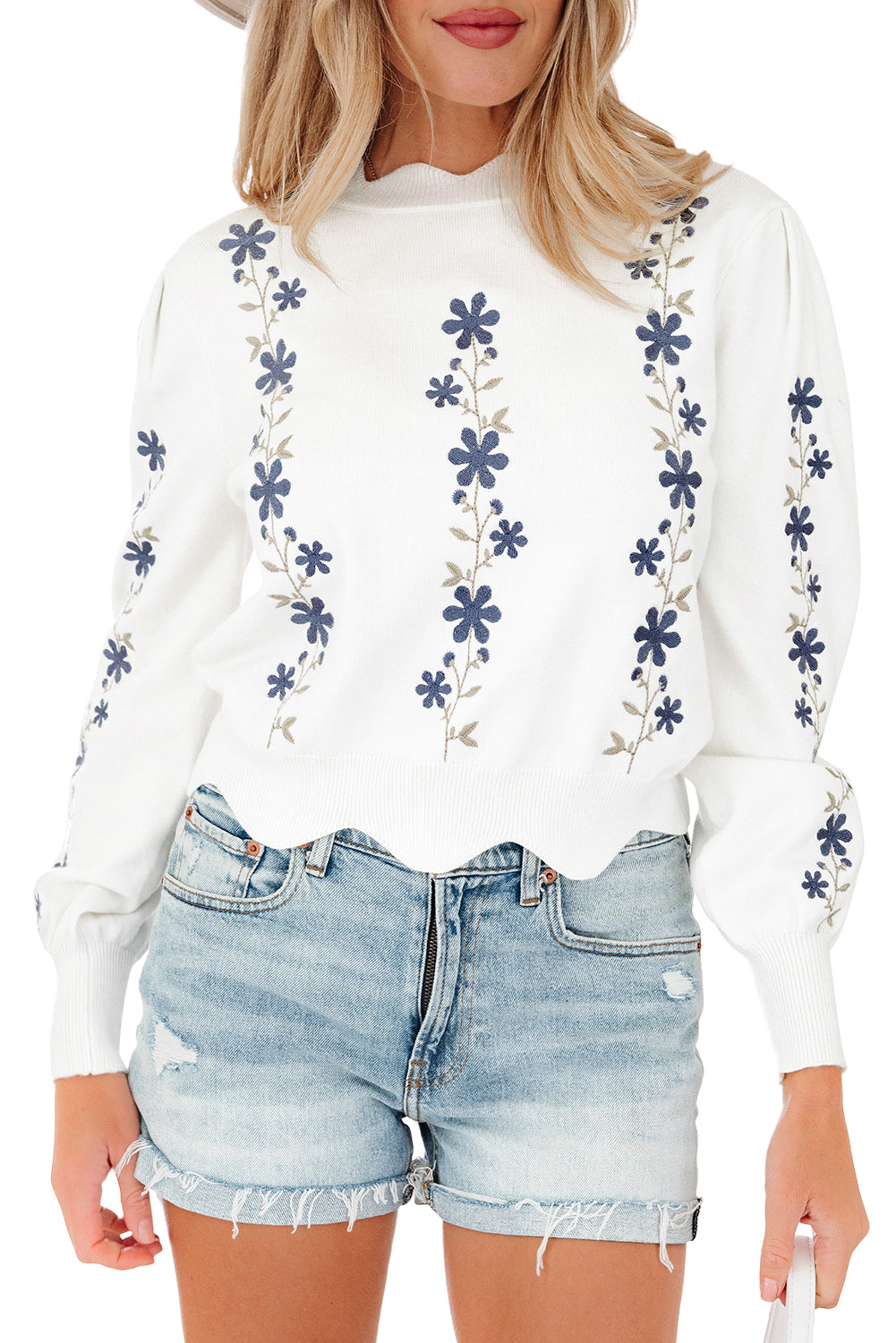 Floral Embroidered Scallop Hem Cropped Knit Top
