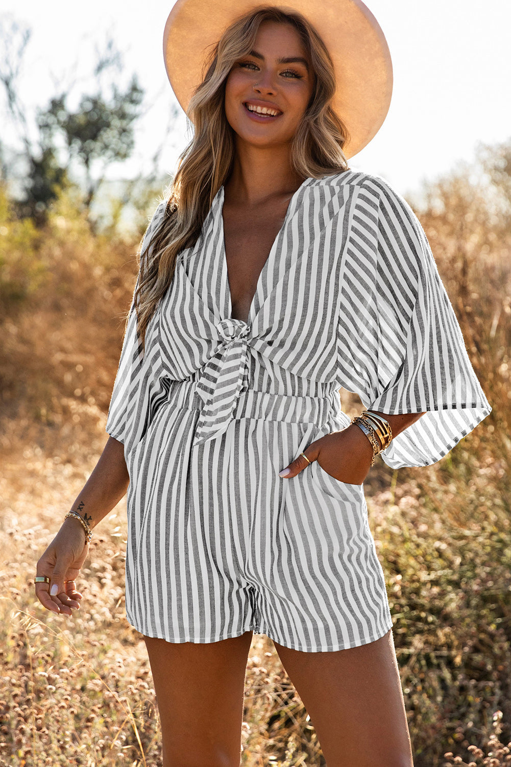 Women's Romper Featuring Kimono Sleeves Tie Front Striped