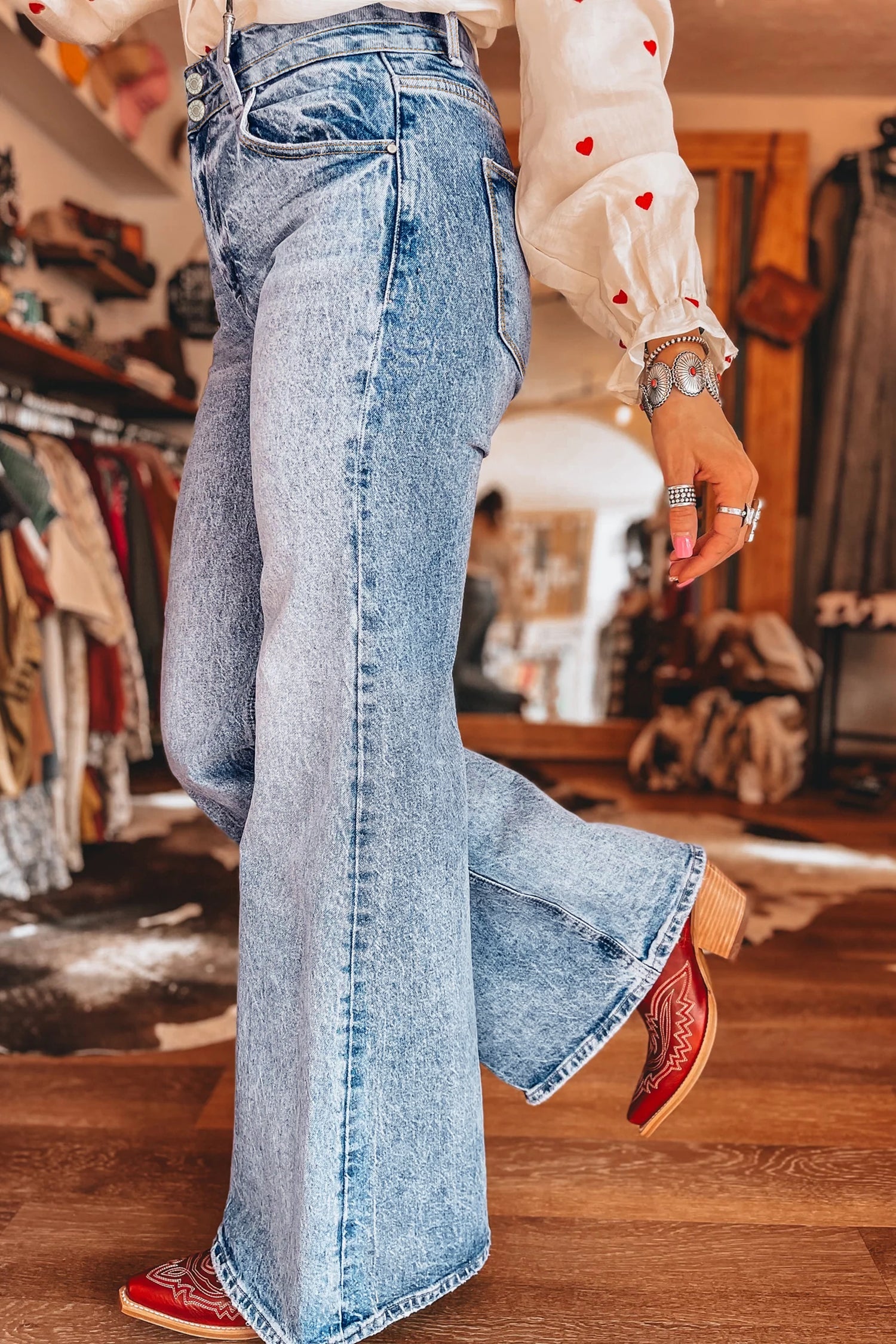 Beau Blue Fashion Blue Acid Wash Pocket Detail Flare Jeans