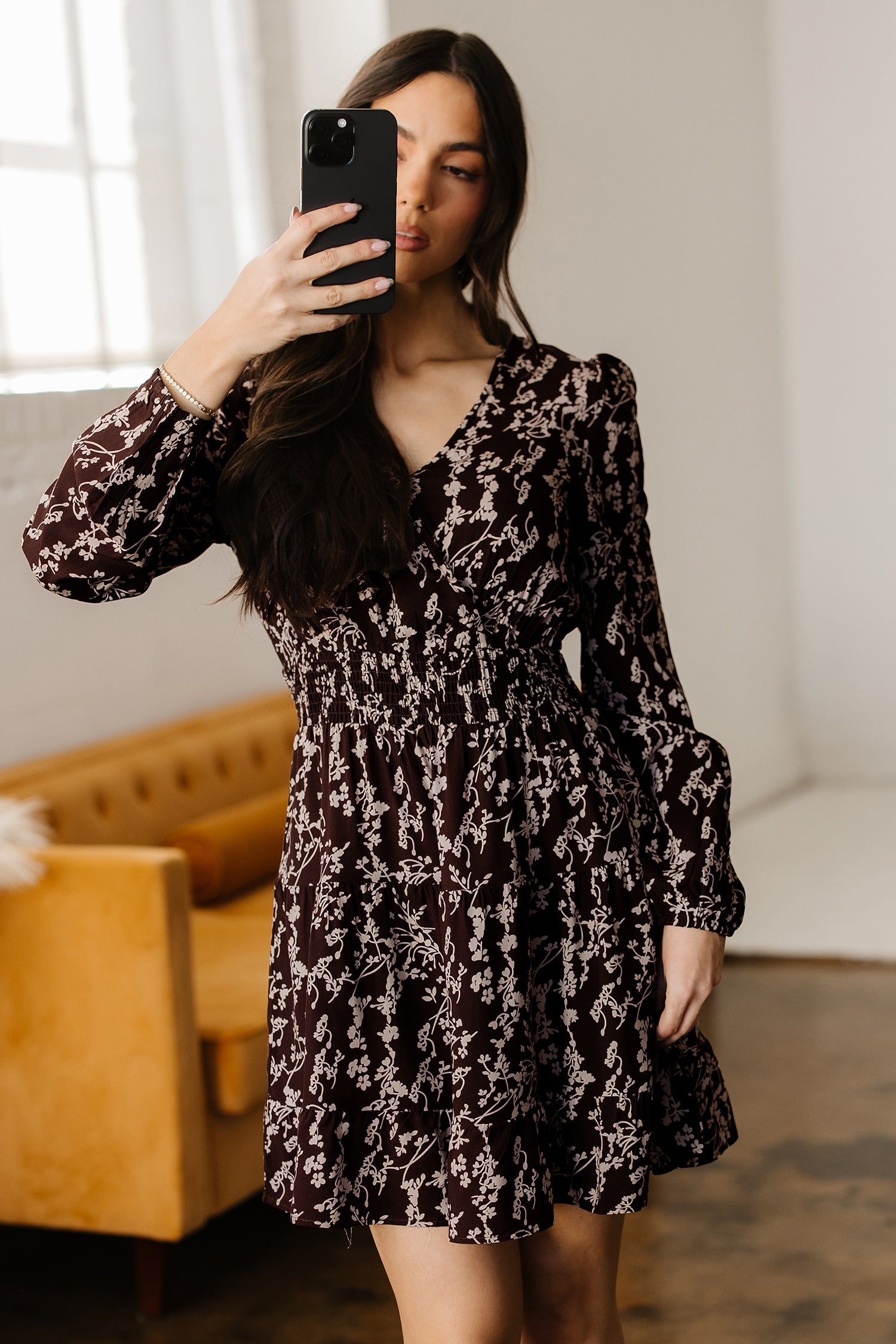 Split Ditsy Floral-Print Neck Long-Sleeved Shirred Waist Flared Mini Dress