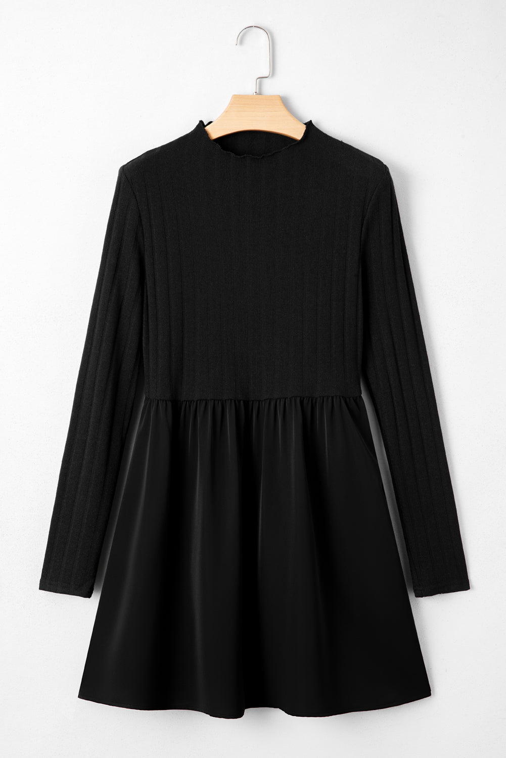 Frilled Knit Neck Rib-Knit Patchwork Long-Sleeved Mini Dress