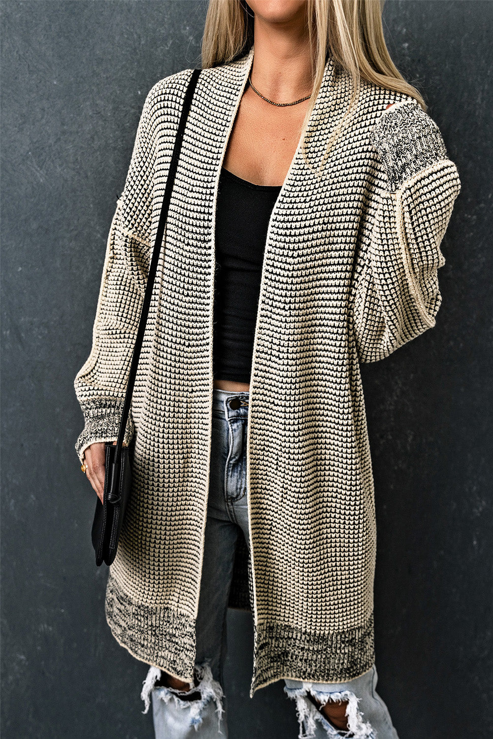 Cardigan for Women Plaid Knitted Long Open Front Apricot