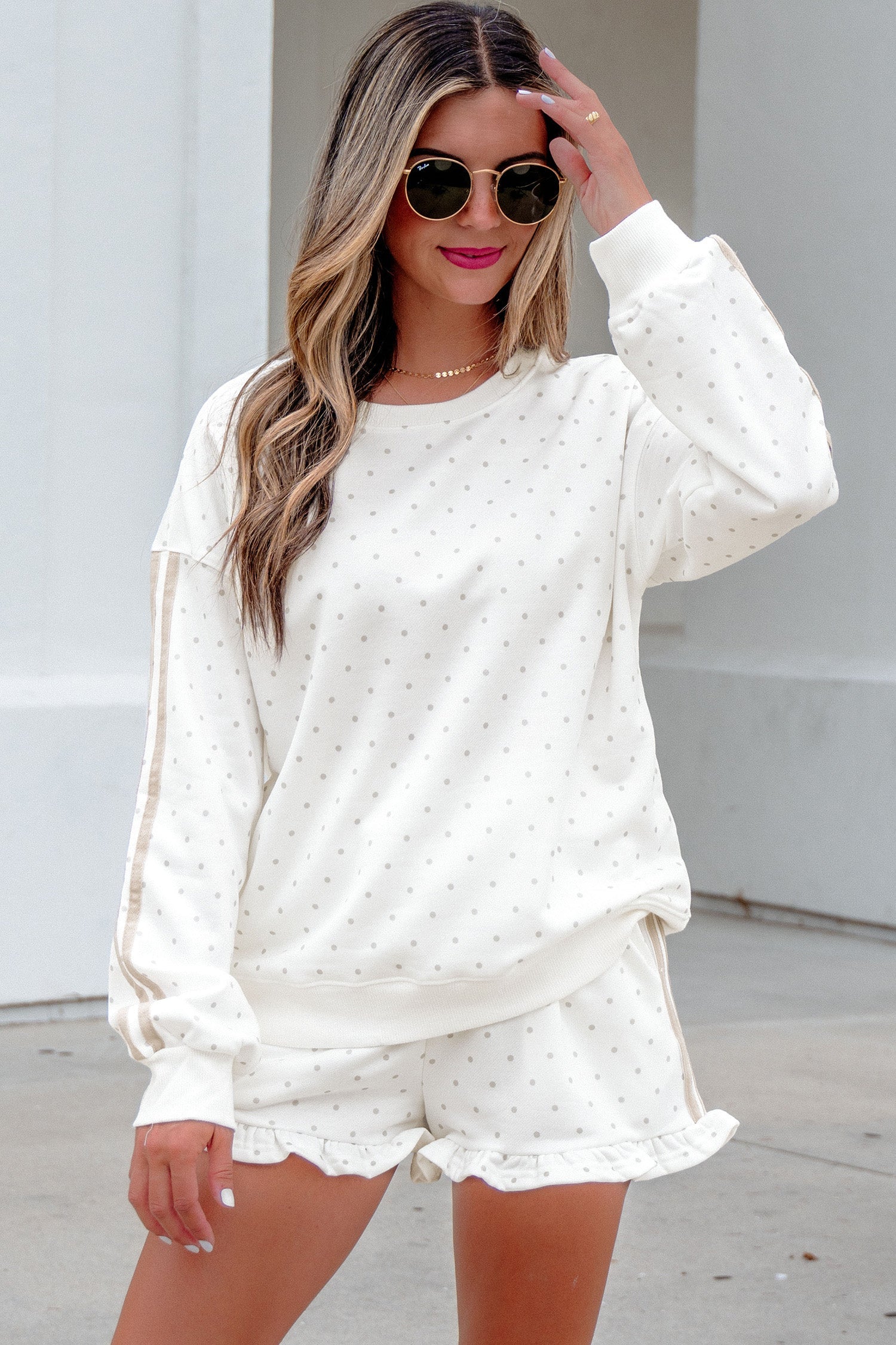 Polka-Dot Print Side Stripe Everyday Sweatshirt 2pcs Short Set in White