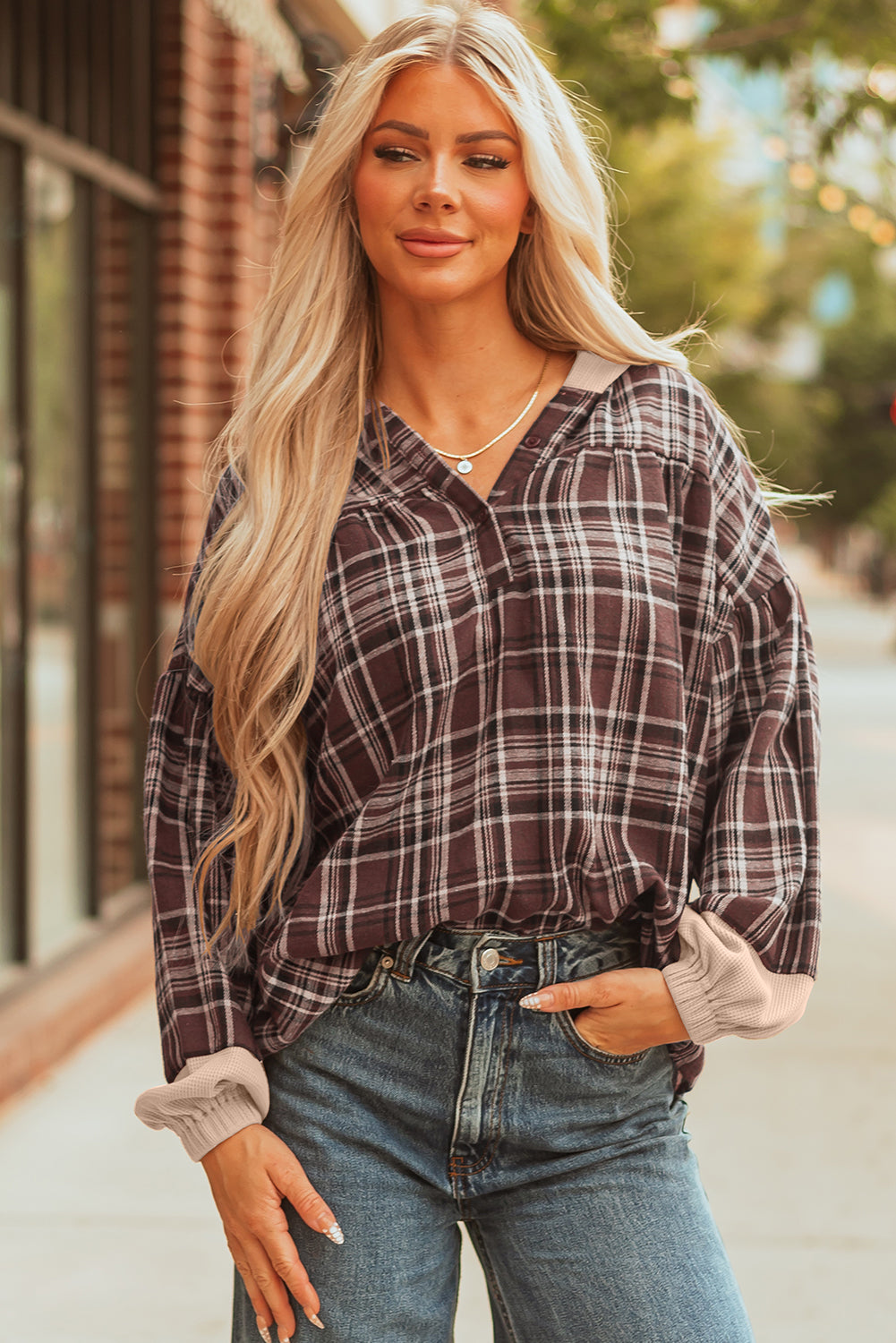 Long-Sleeved Plaid Patchwork Button Hooded Blouse