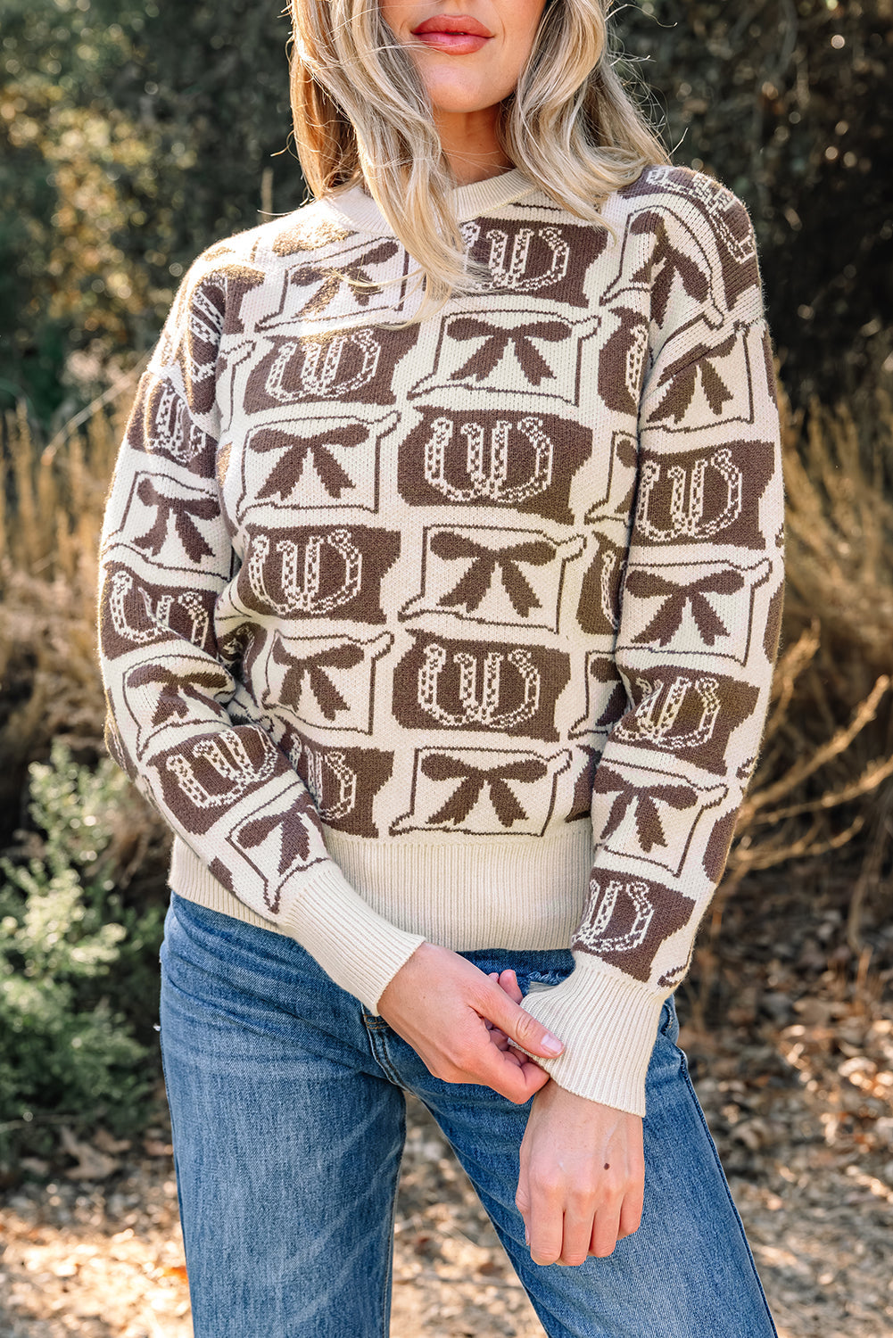 Horseshoes Bows & Pattern Western Fashion Print Knit Top