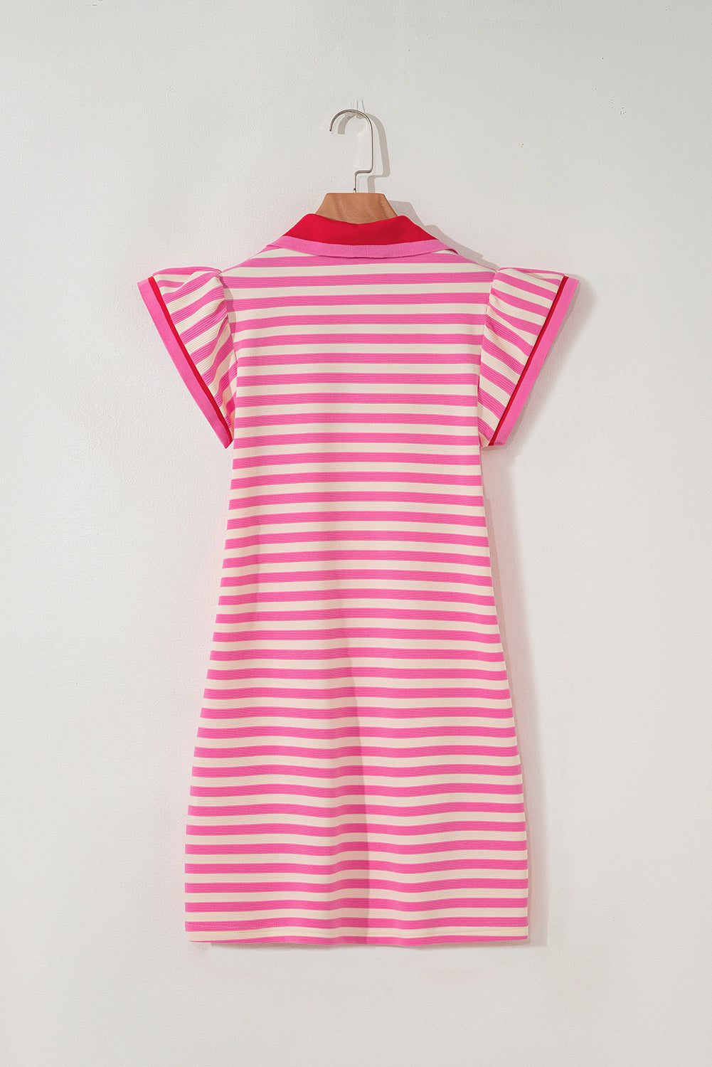 Contrast Stripe Print Collar Split Neck Flutter Sleeve Short Dress in Pink