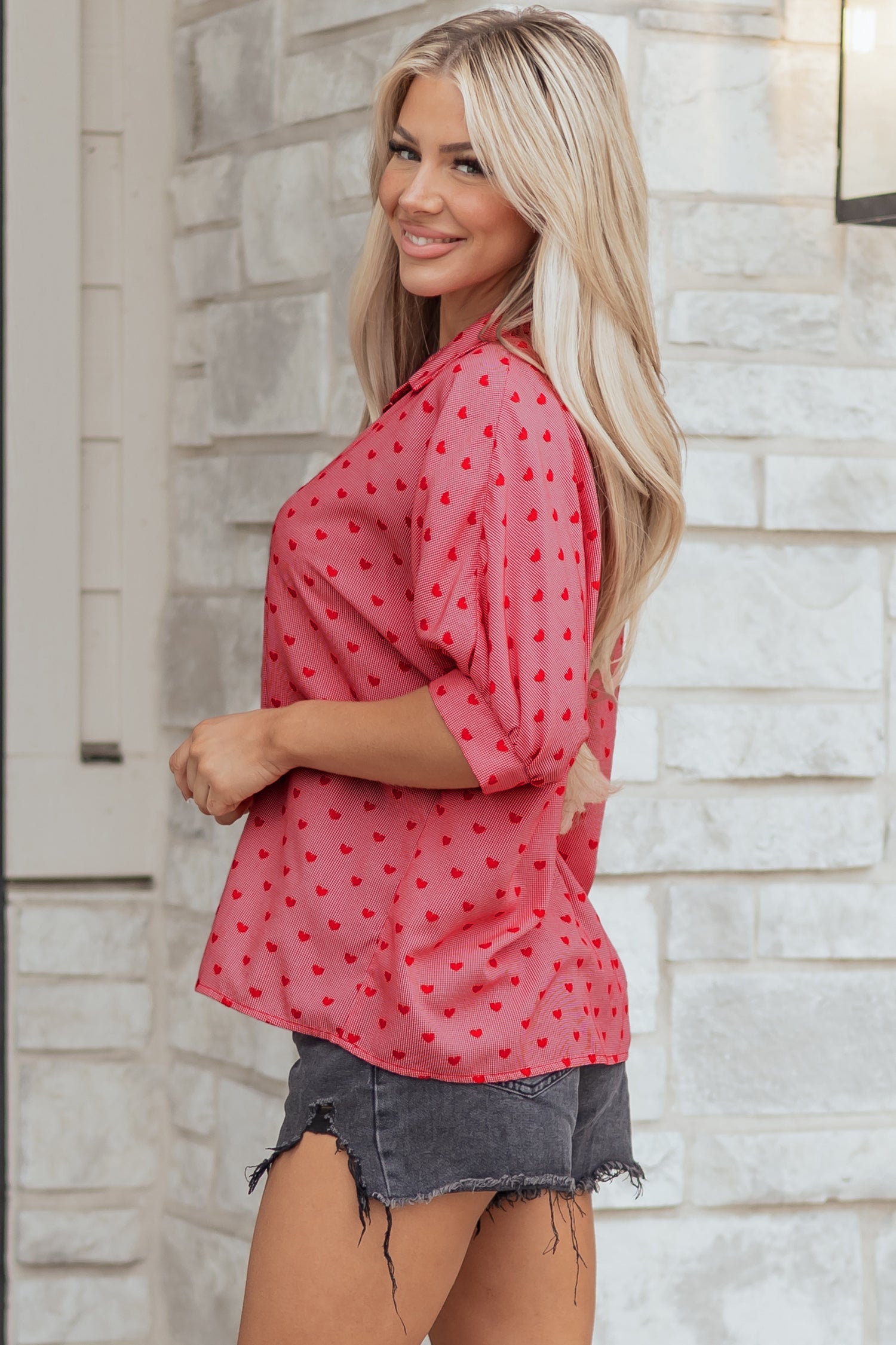 Shape Print Heart Print Half Sleeve Loose Valentine Shirt