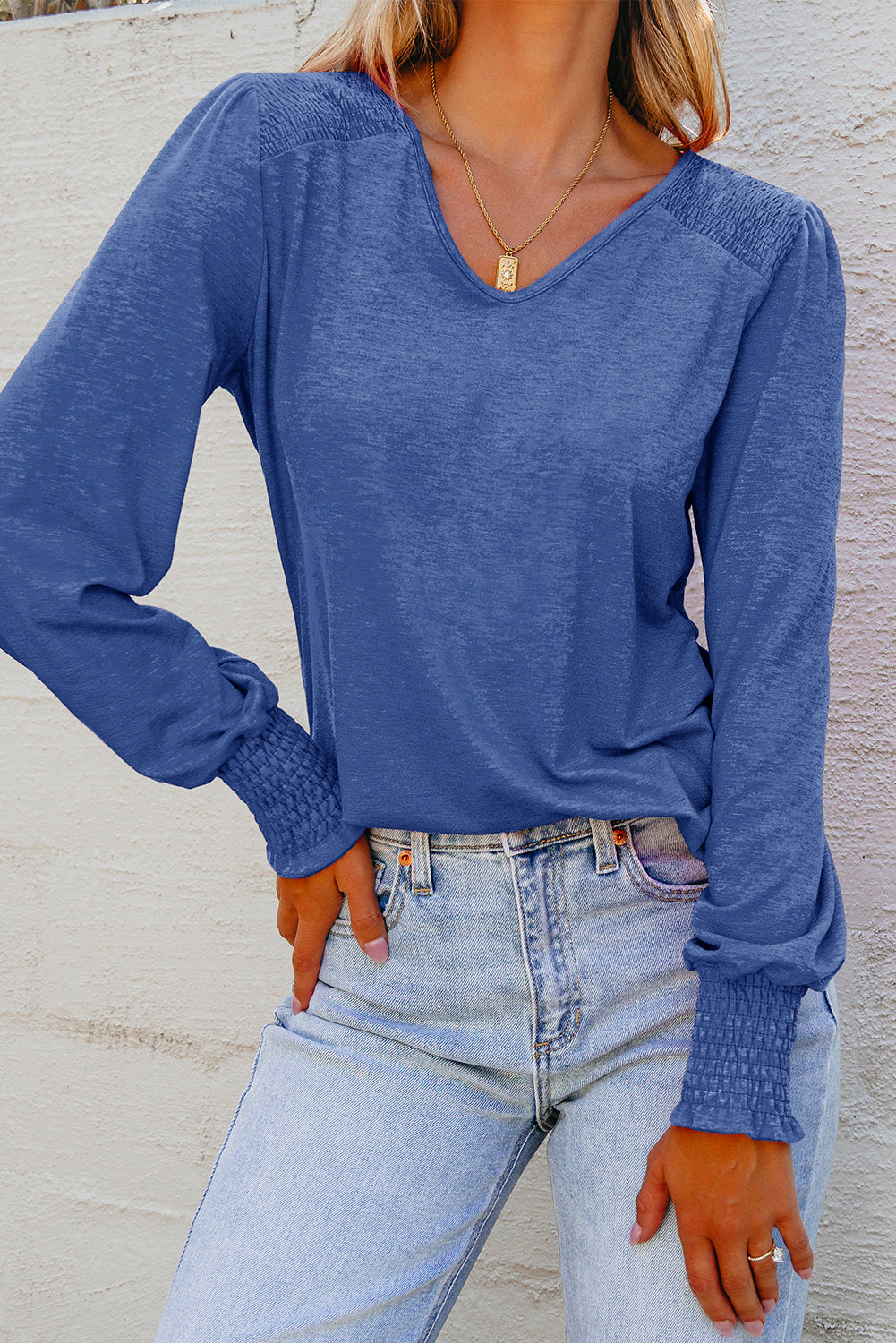 Shirred Shoulder Frilled Cuffs Long-Sleeved Top in Blue