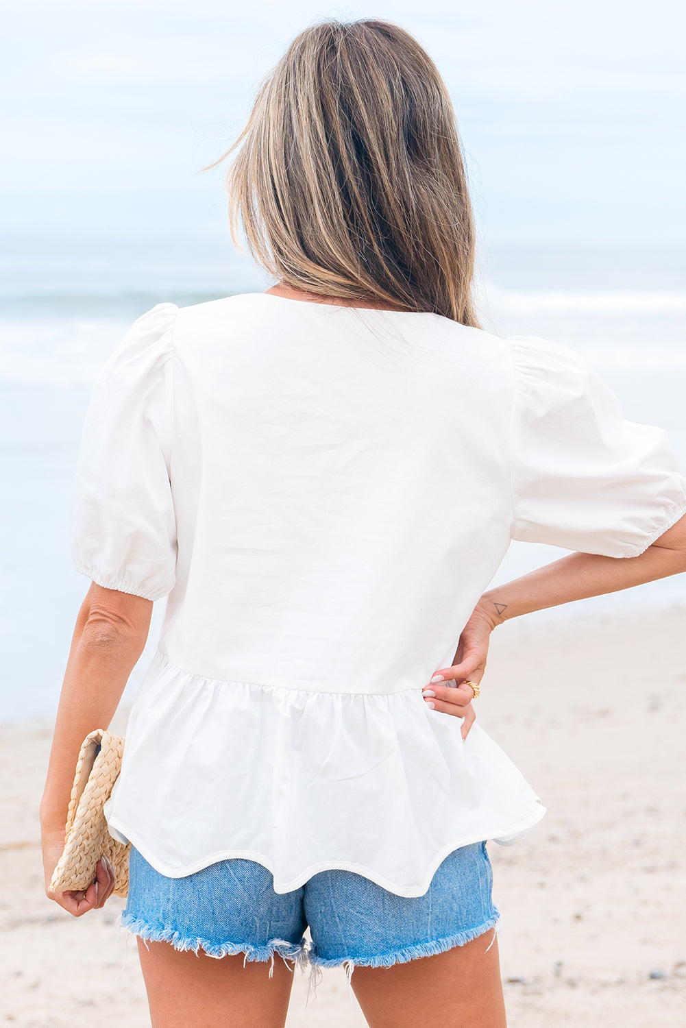 Bow Knot Decor Square Neck Puff Sleeve Peplum Top in White