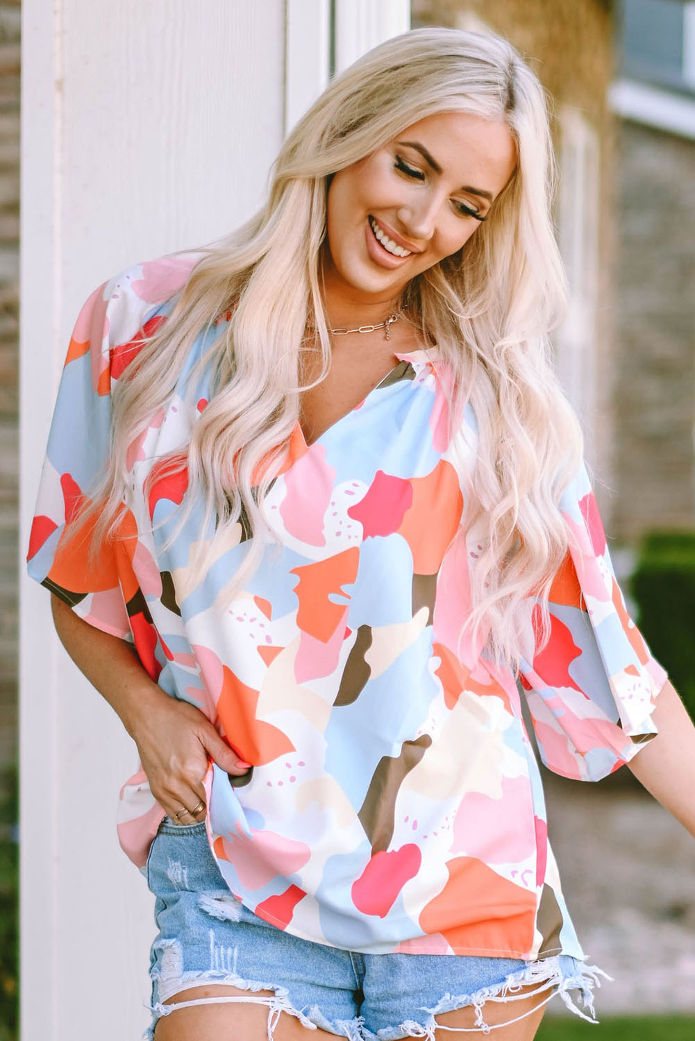 Women's Blouse Featuring V Neck Half Sleeve Floral-Print Print