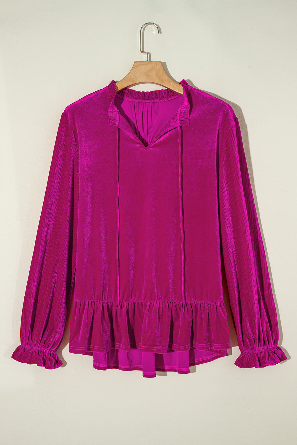 Plus Size Ruffled Sleeve V Neck Velvet Blouse