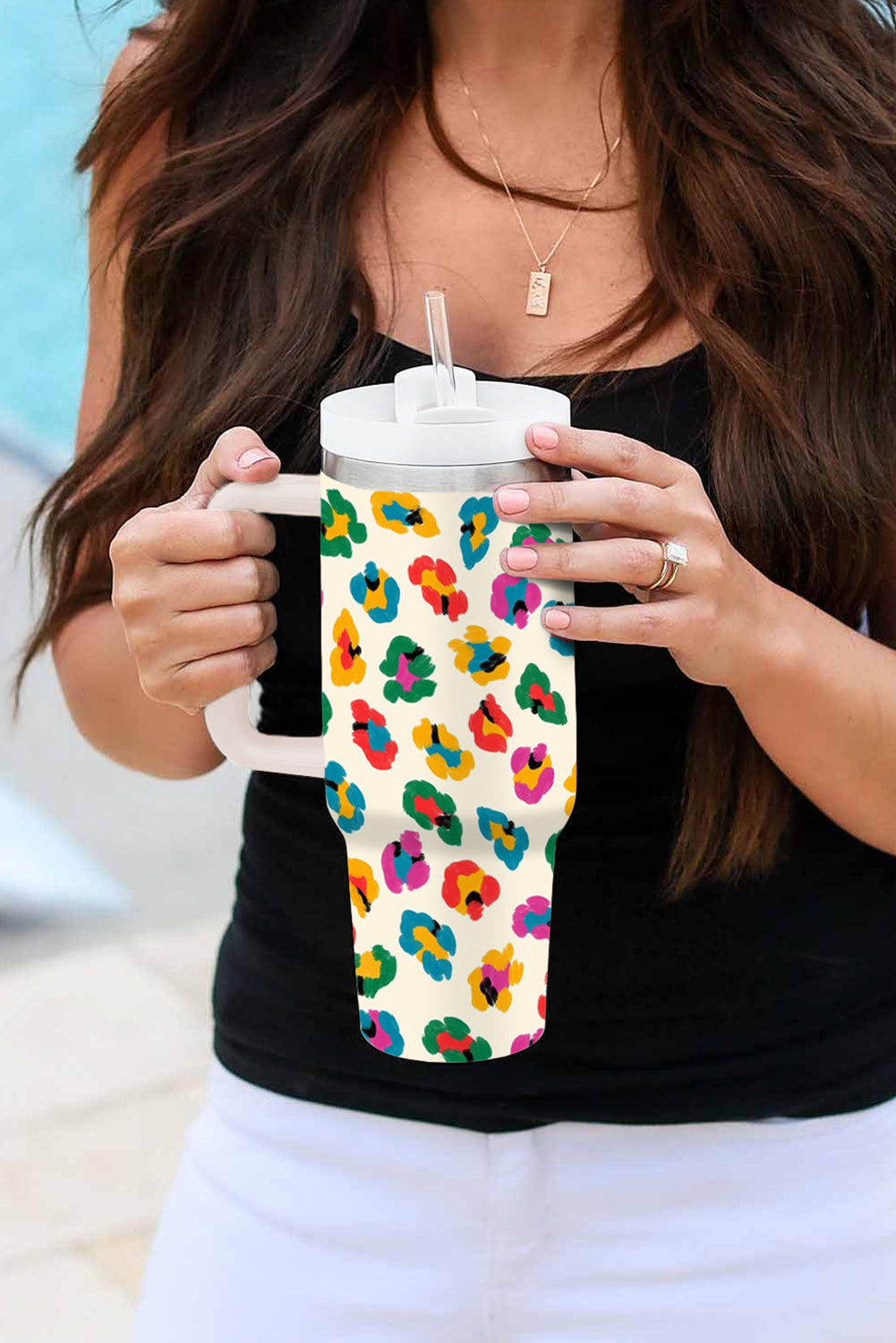 Leopard-Print Multi Color Handle Stainless Tumbler 40oz