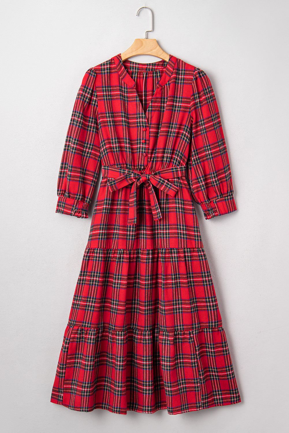Christmas Plaid V-Neck 3/4 Sleeve Tie Waist Ruffle Hem Long Dress