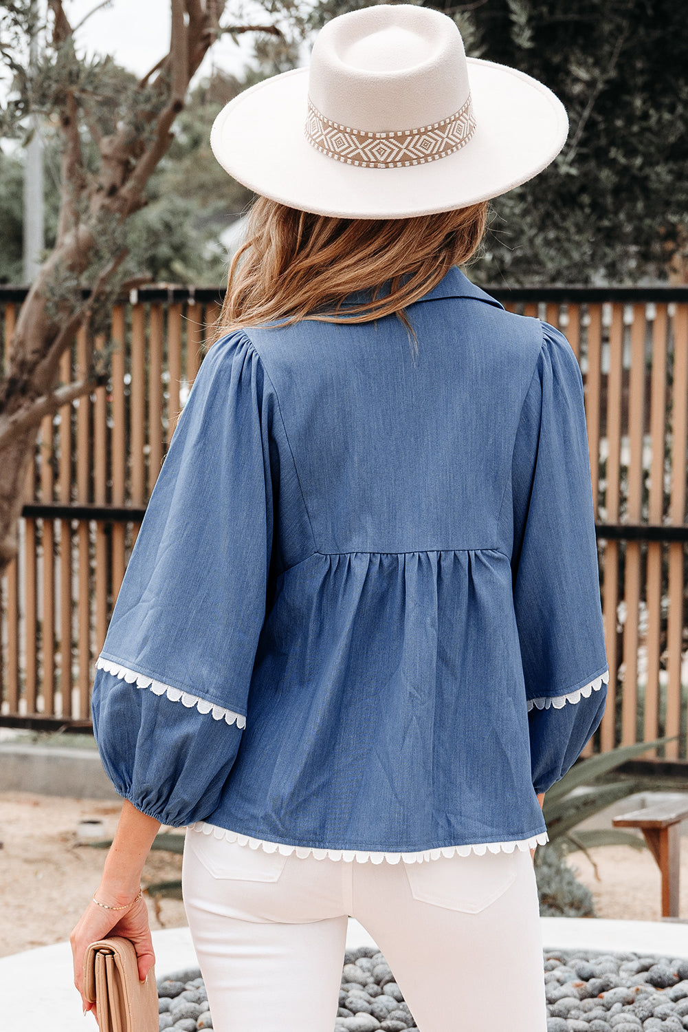 Ric Rac Lace Rac 3/4 Puff Sleeve Collared Babydoll Blouse